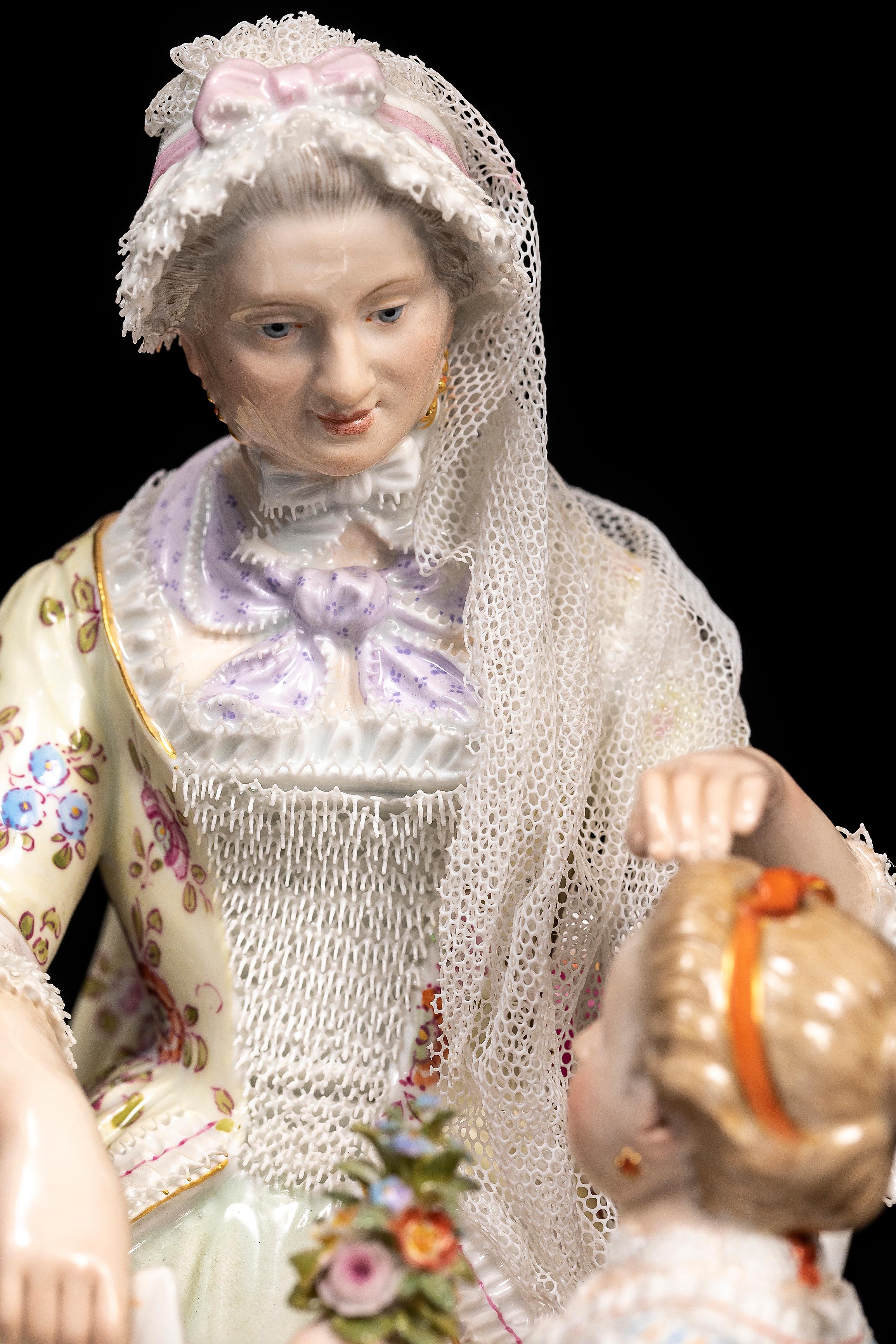 A.I.C. Porcelain du 19ème siècle représentant une mère et sa fille à l'heure du thé avec de la dentelle. Bon état - En vente à New York, NY