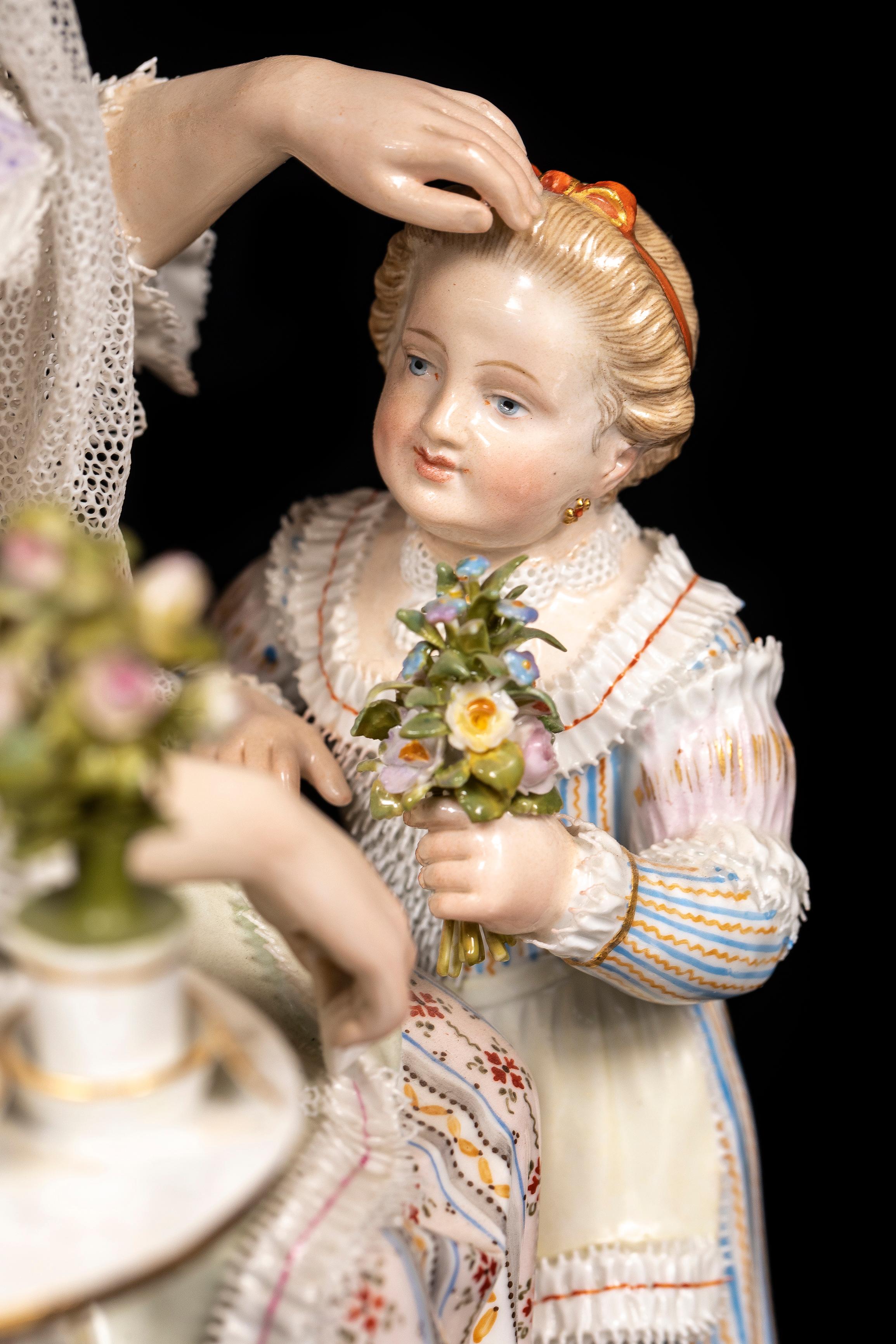 Porcelaine A.I.C. Porcelain du 19ème siècle représentant une mère et sa fille à l'heure du thé avec de la dentelle. en vente