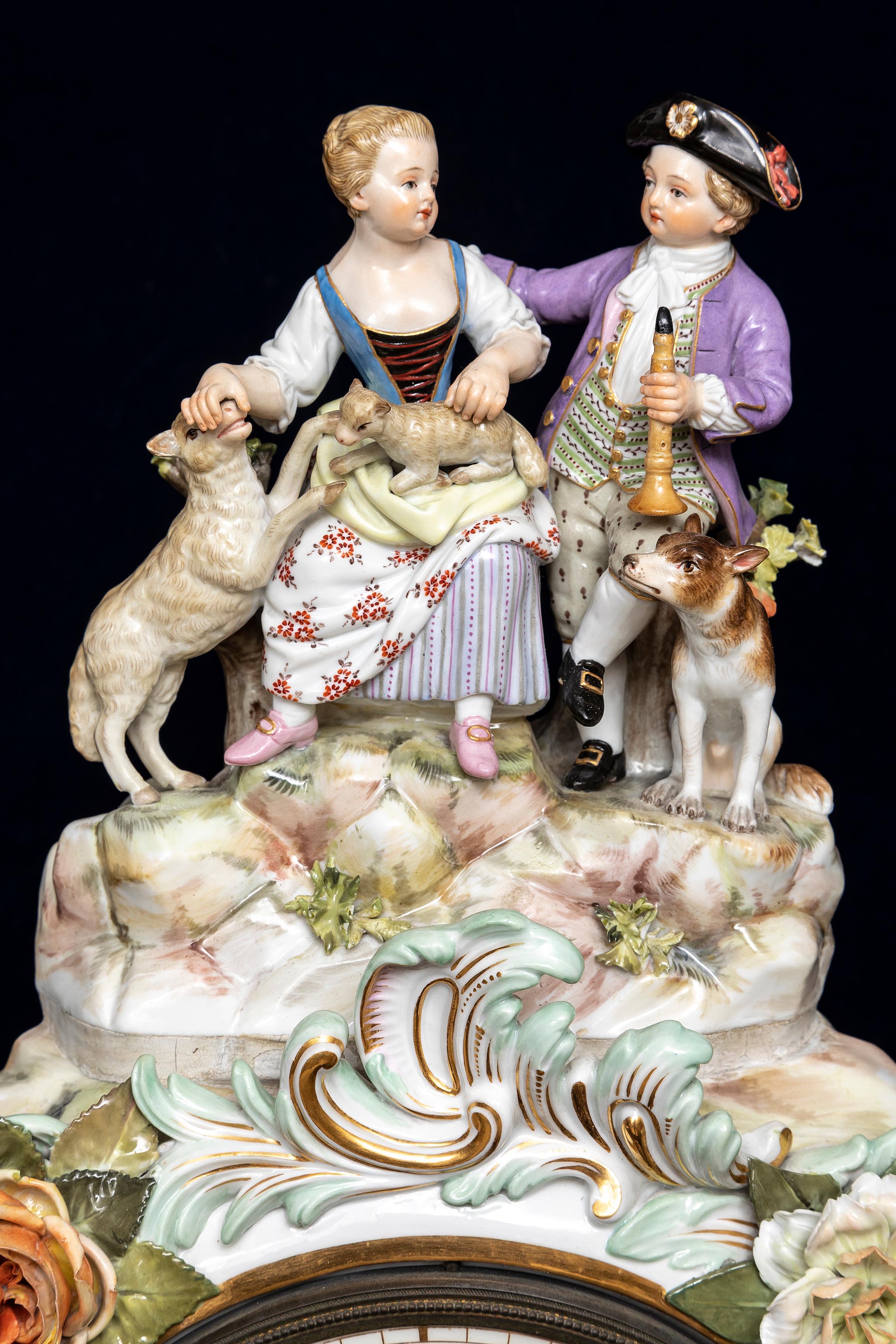 19th C. Meissen Porcelain Rococo Musician's Clock & Candelabra Garniture Set For Sale 4