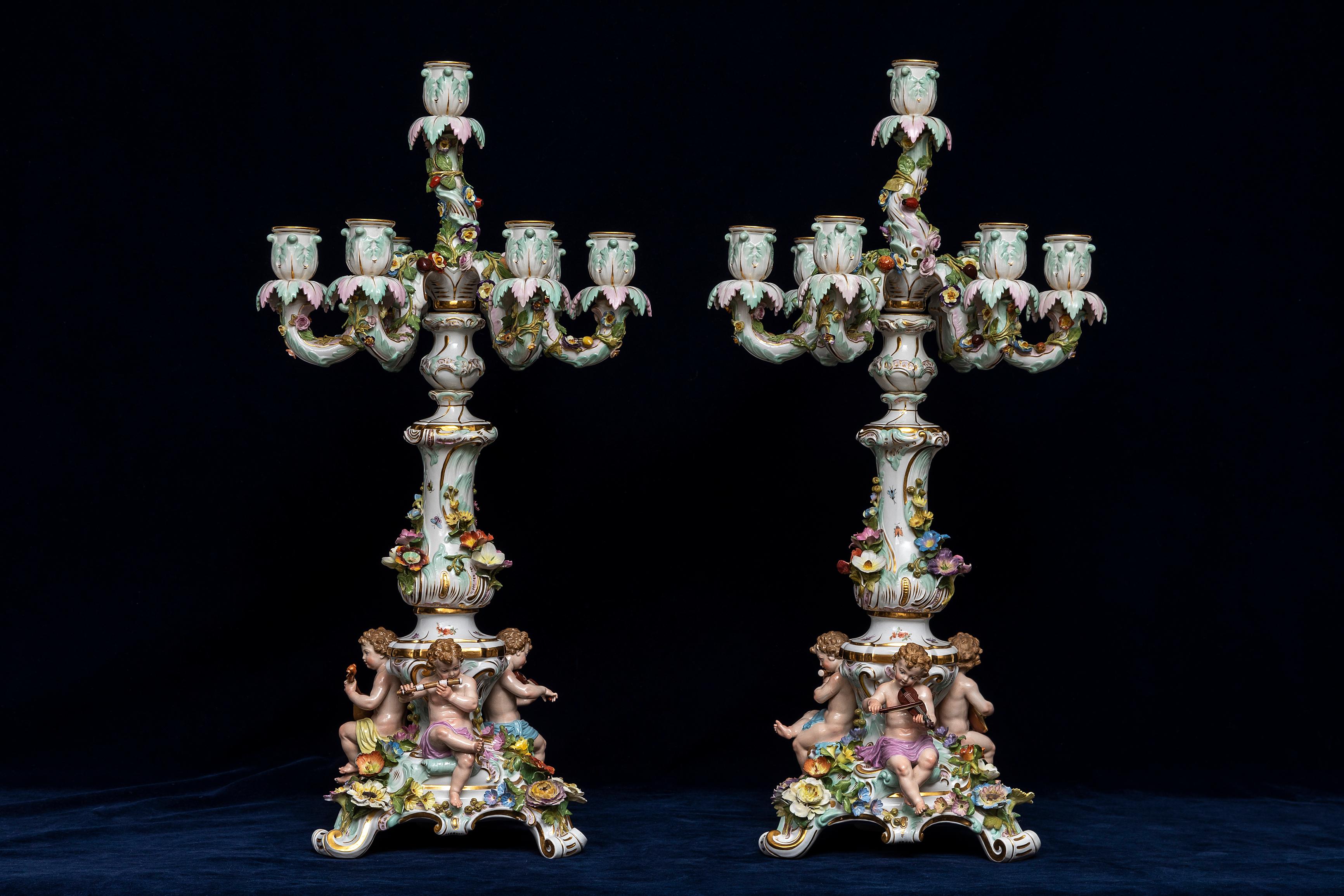 19th C. Meissen Porcelain Rococo Musician's Clock & Candelabra Garniture Set For Sale 5