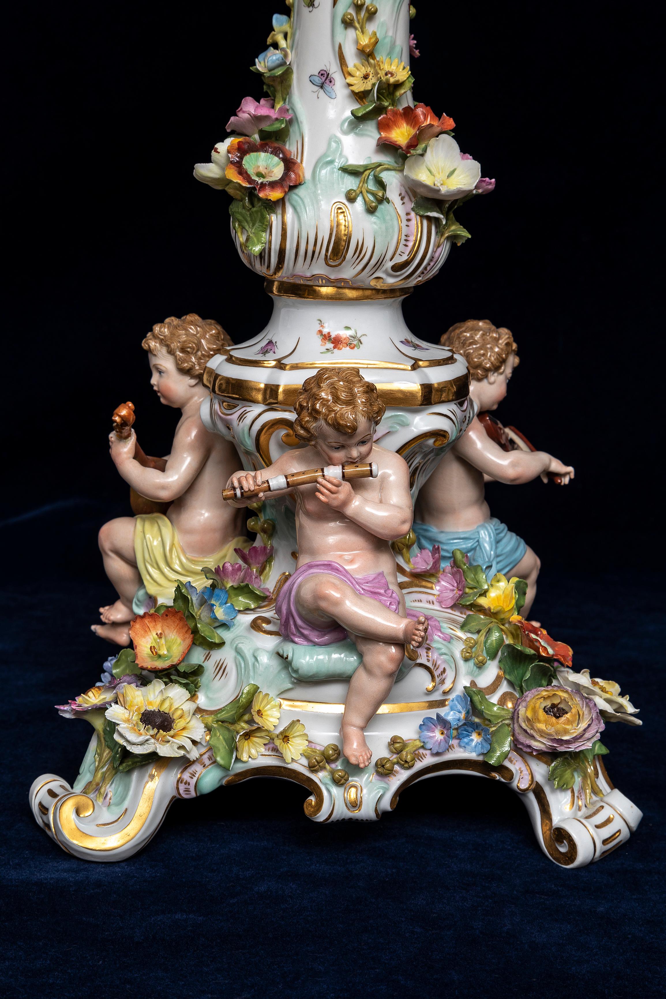 19th C. Meissen Porcelain Rococo Musician's Clock & Candelabra Garniture Set For Sale 6
