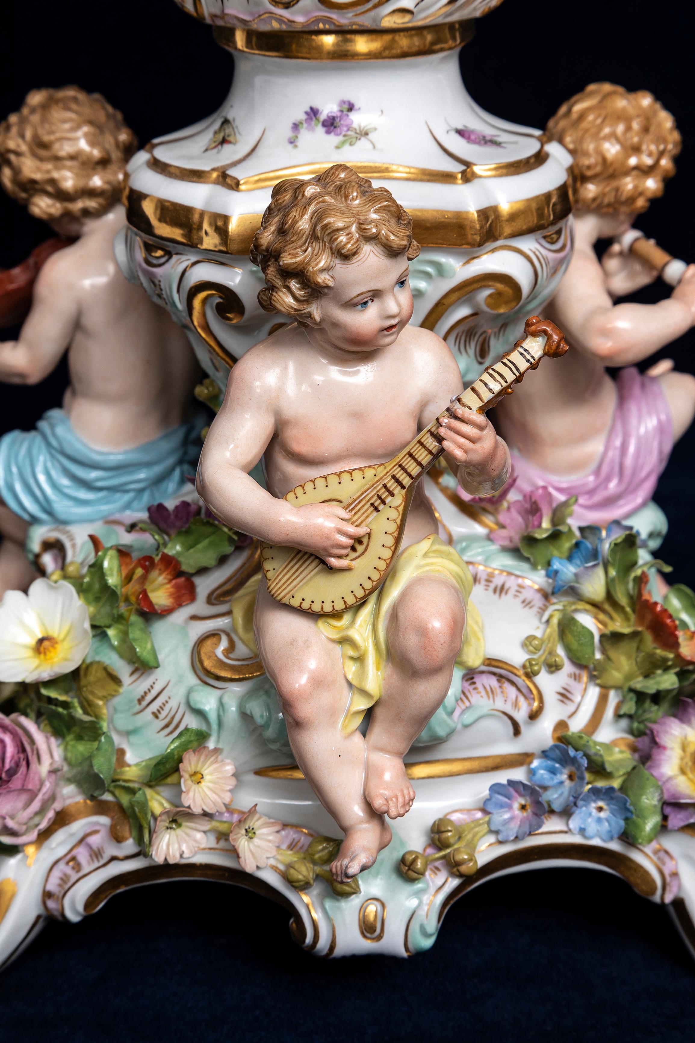 19th C. Meissen Porcelain Rococo Musician's Clock & Candelabra Garniture Set For Sale 7