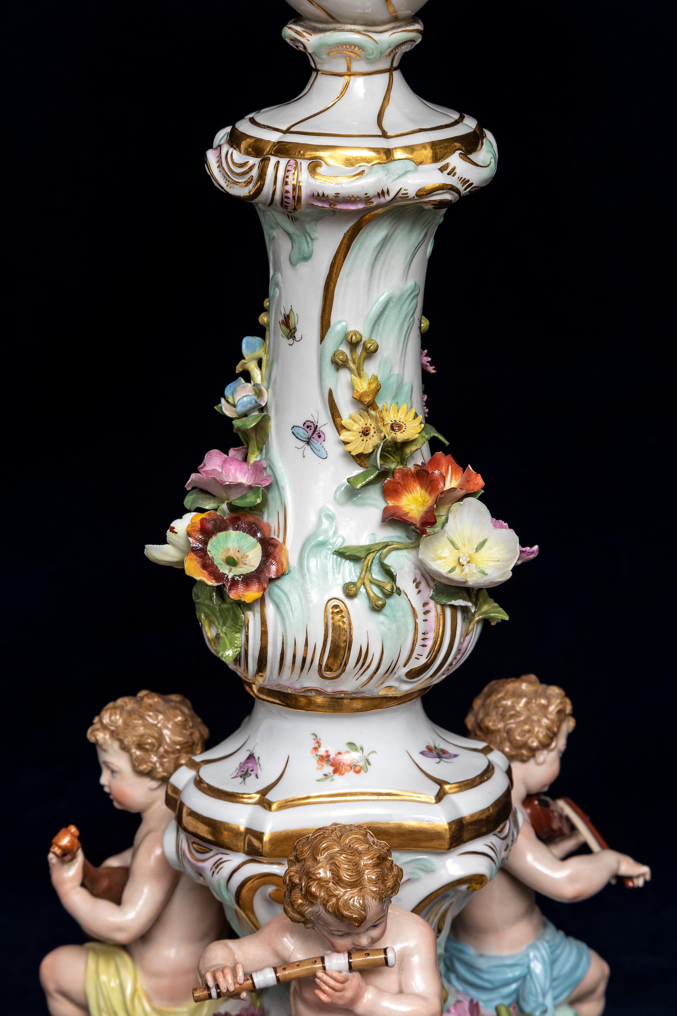 19th C. Meissen Porcelain Rococo Musician's Clock & Candelabra Garniture Set For Sale 8