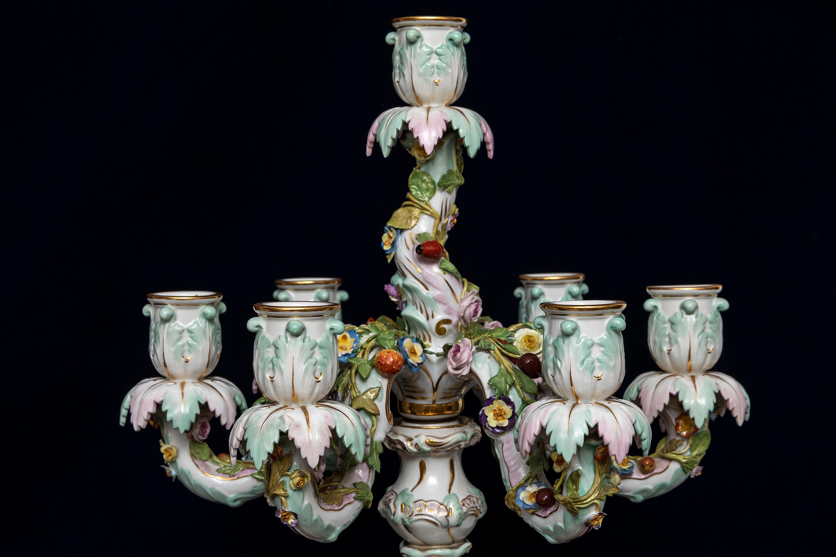 19th C. Meissen Porcelain Rococo Musician's Clock & Candelabra Garniture Set For Sale 9