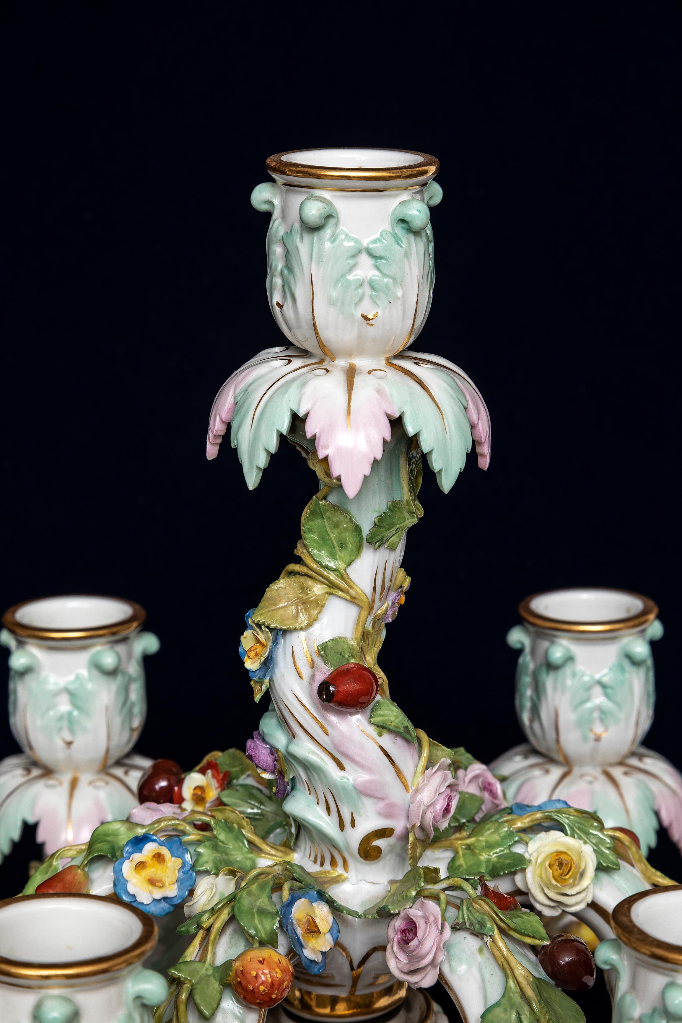 19th C. Meissen Porcelain Rococo Musician's Clock & Candelabra Garniture Set For Sale 10