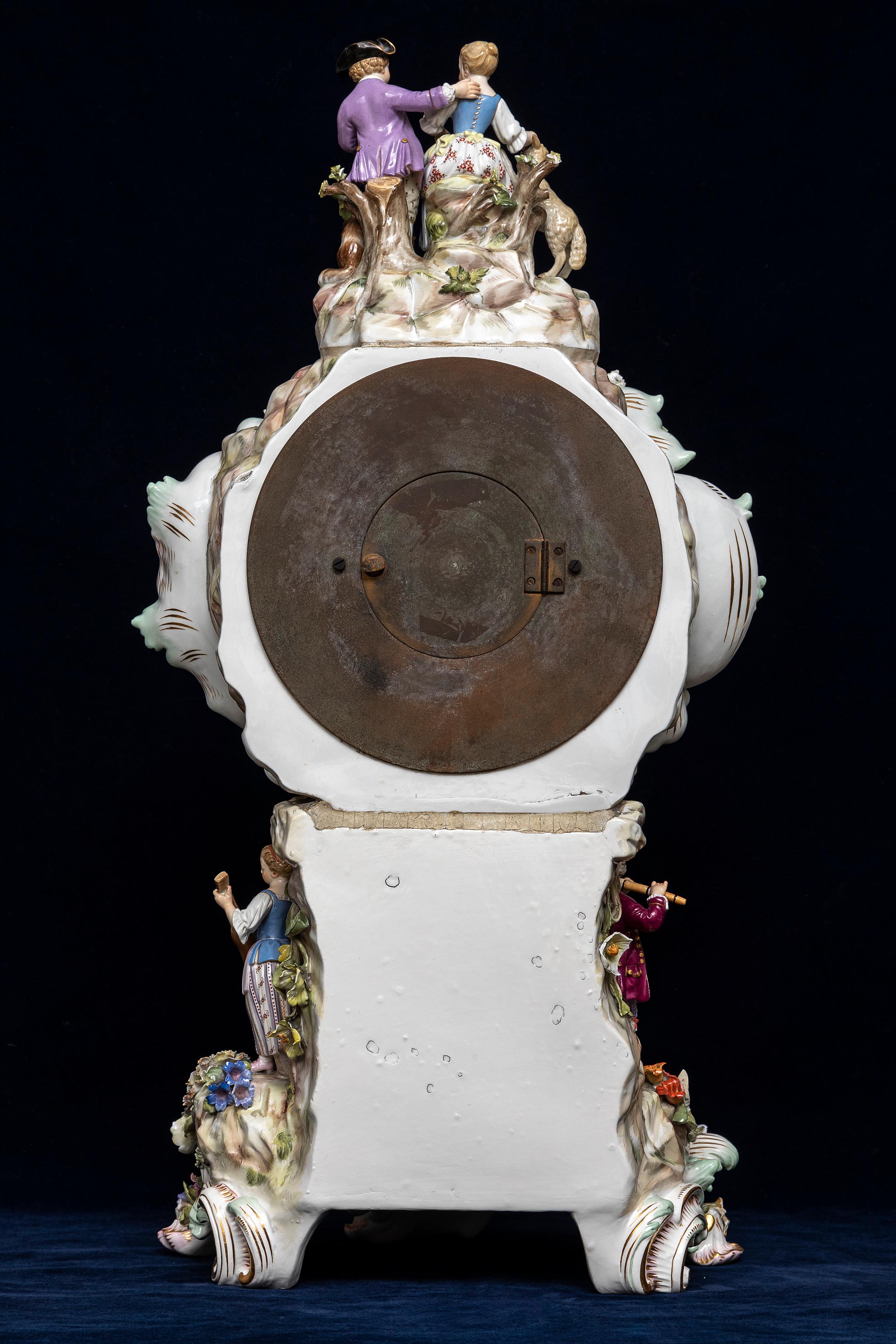 19th C. Meissen Porcelain Rococo Musician's Clock & Candelabra Garniture Set For Sale 11