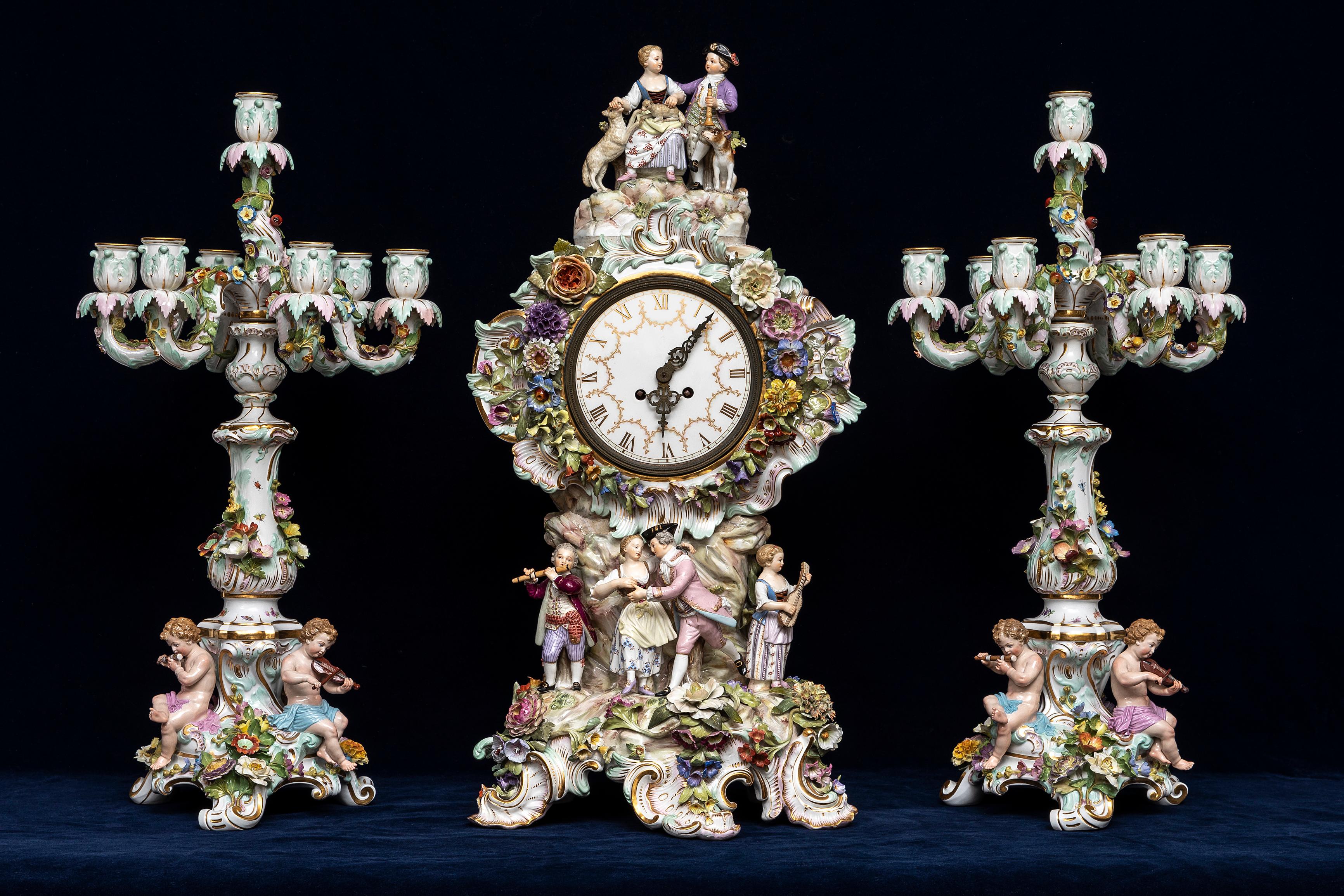 German 19th C. Meissen Porcelain Rococo Musician's Clock & Candelabra Garniture Set For Sale