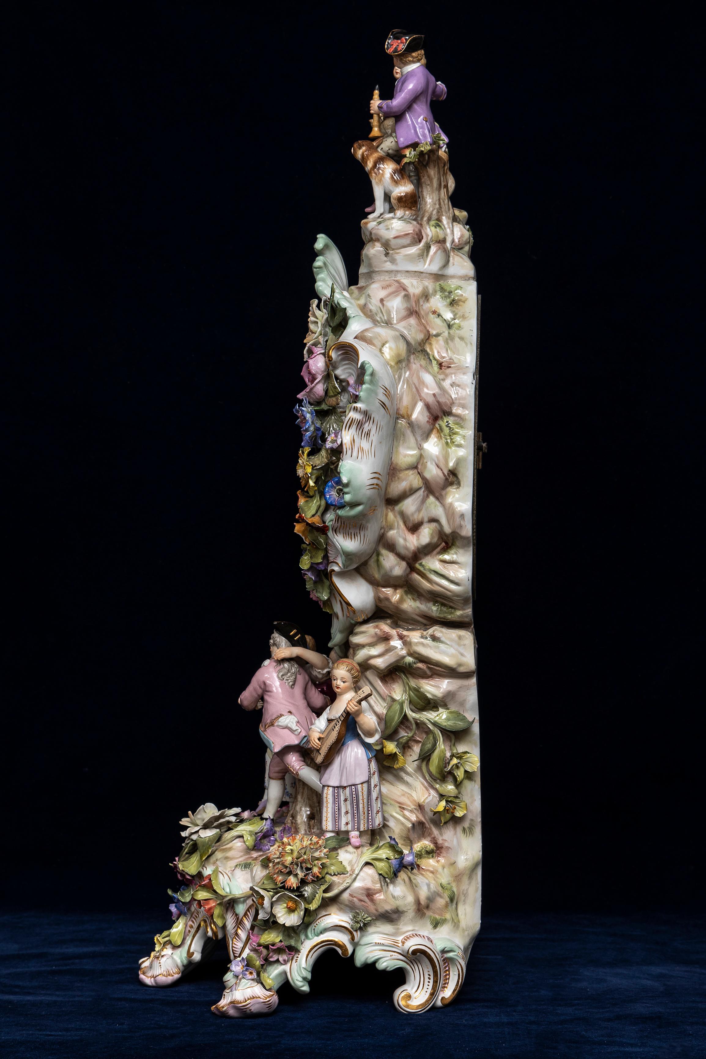 19th C. Meissen Porcelain Rococo Musician's Clock & Candelabra Garniture Set In Good Condition For Sale In New York, NY