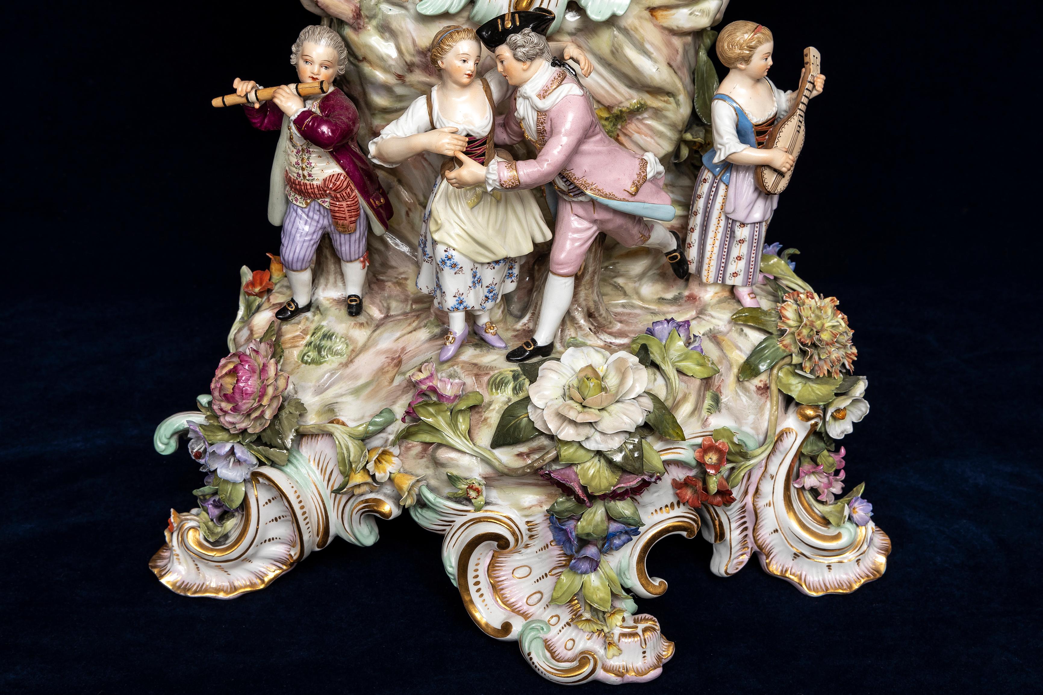 19th C. Meissen Porcelain Rococo Musician's Clock & Candelabra Garniture Set For Sale 2