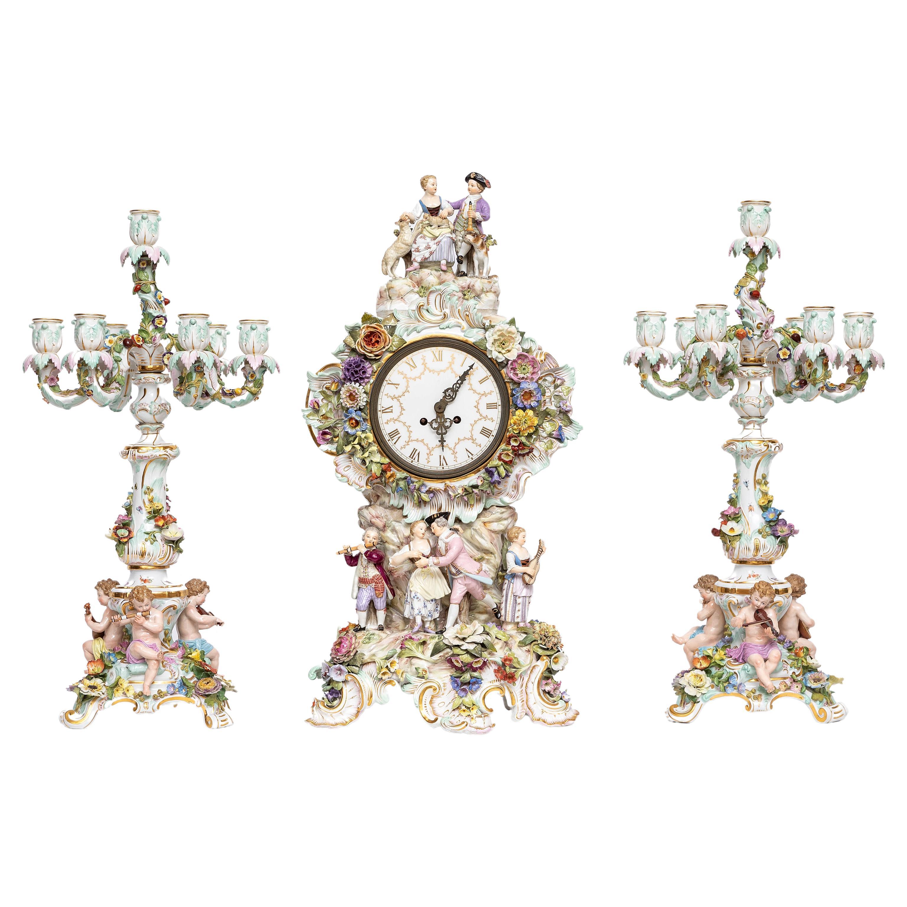 19th C. Meissen Porcelain Rococo Musician's Clock & Candelabra Garniture Set