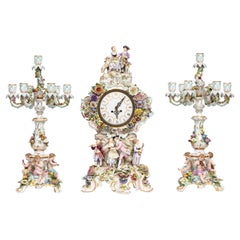 19th C. Meissen Porcelain Rococo Musician's Clock & Candelabra Garniture Set
