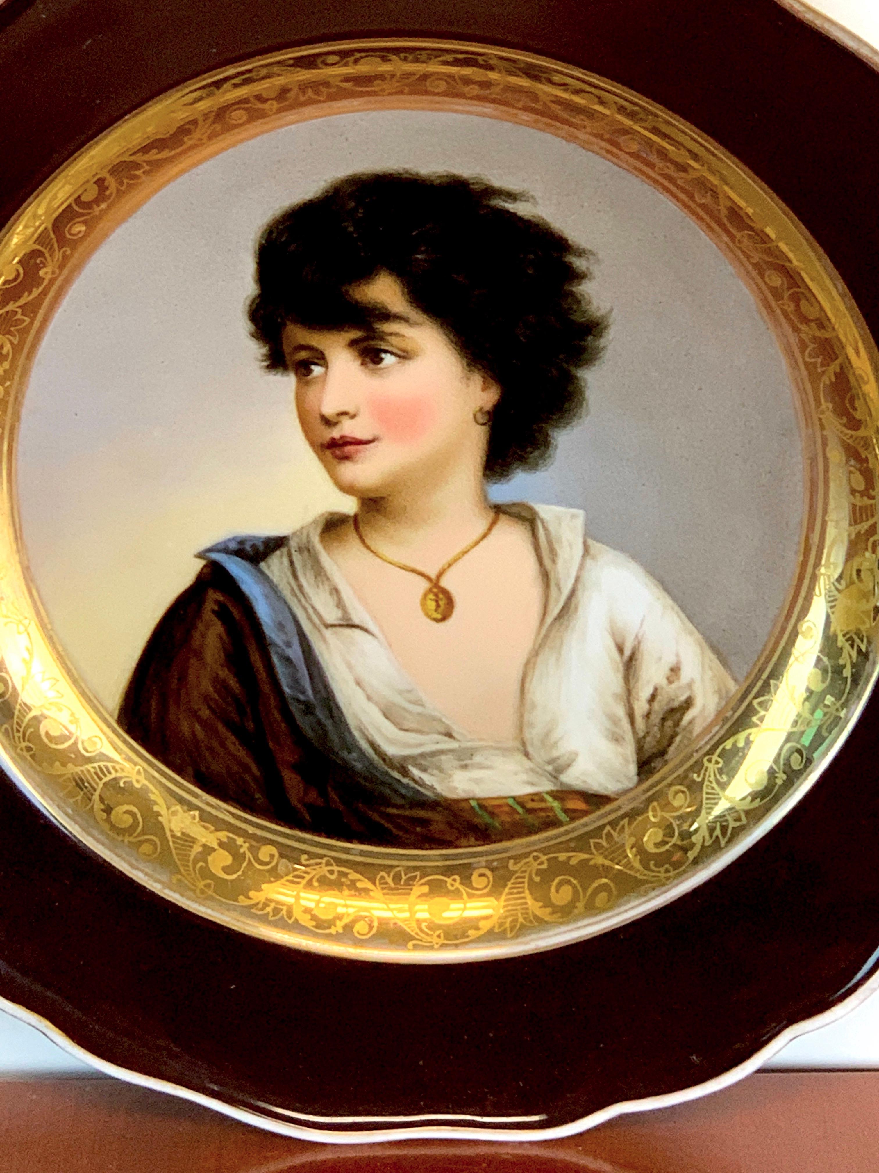Neoclassical 19th Century Meissen Portrait Plate of Young Girl with Necklace