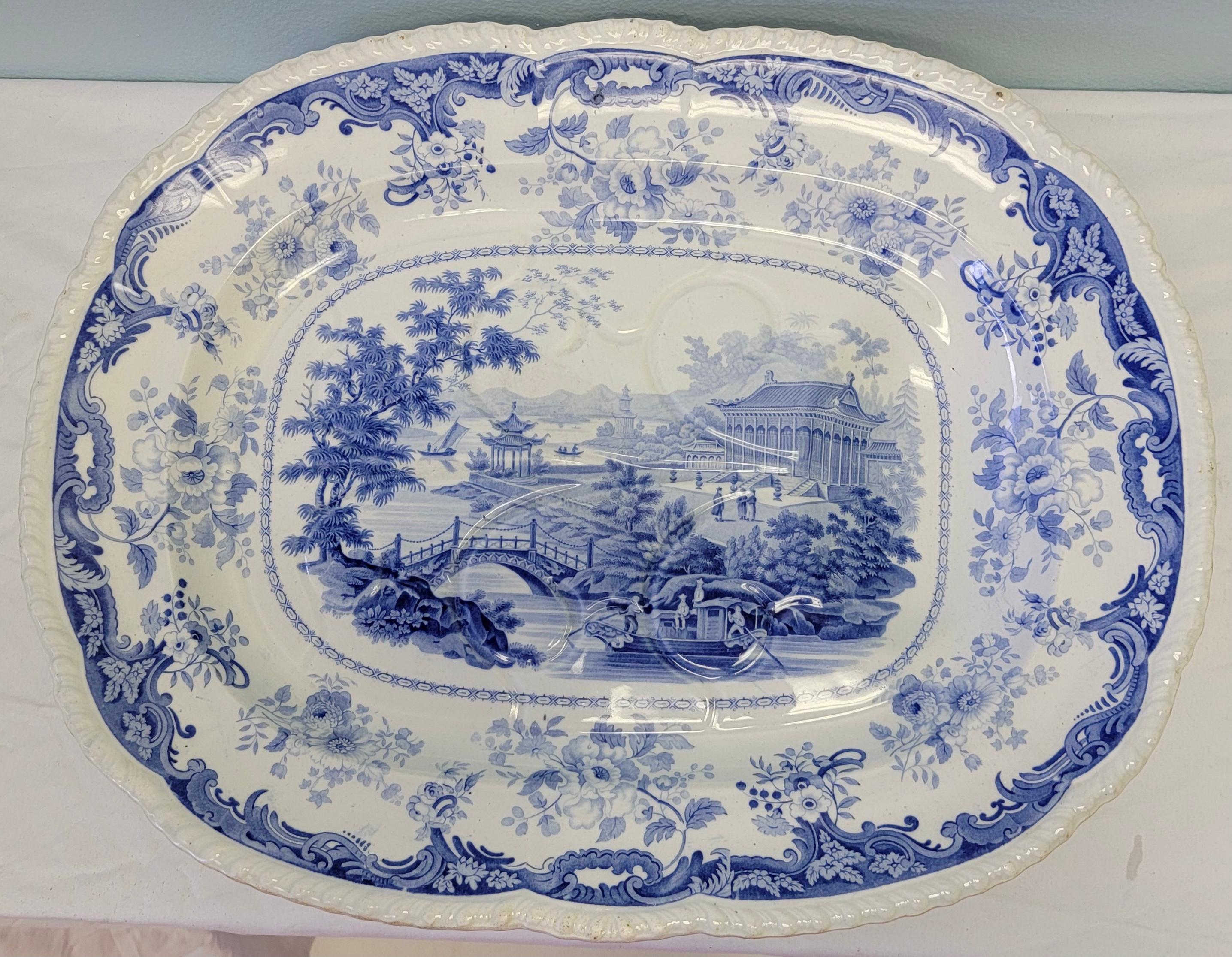Chinoiserie 19th-C. Minton Chinese Marine Opaque Blue and White Transferware Platter