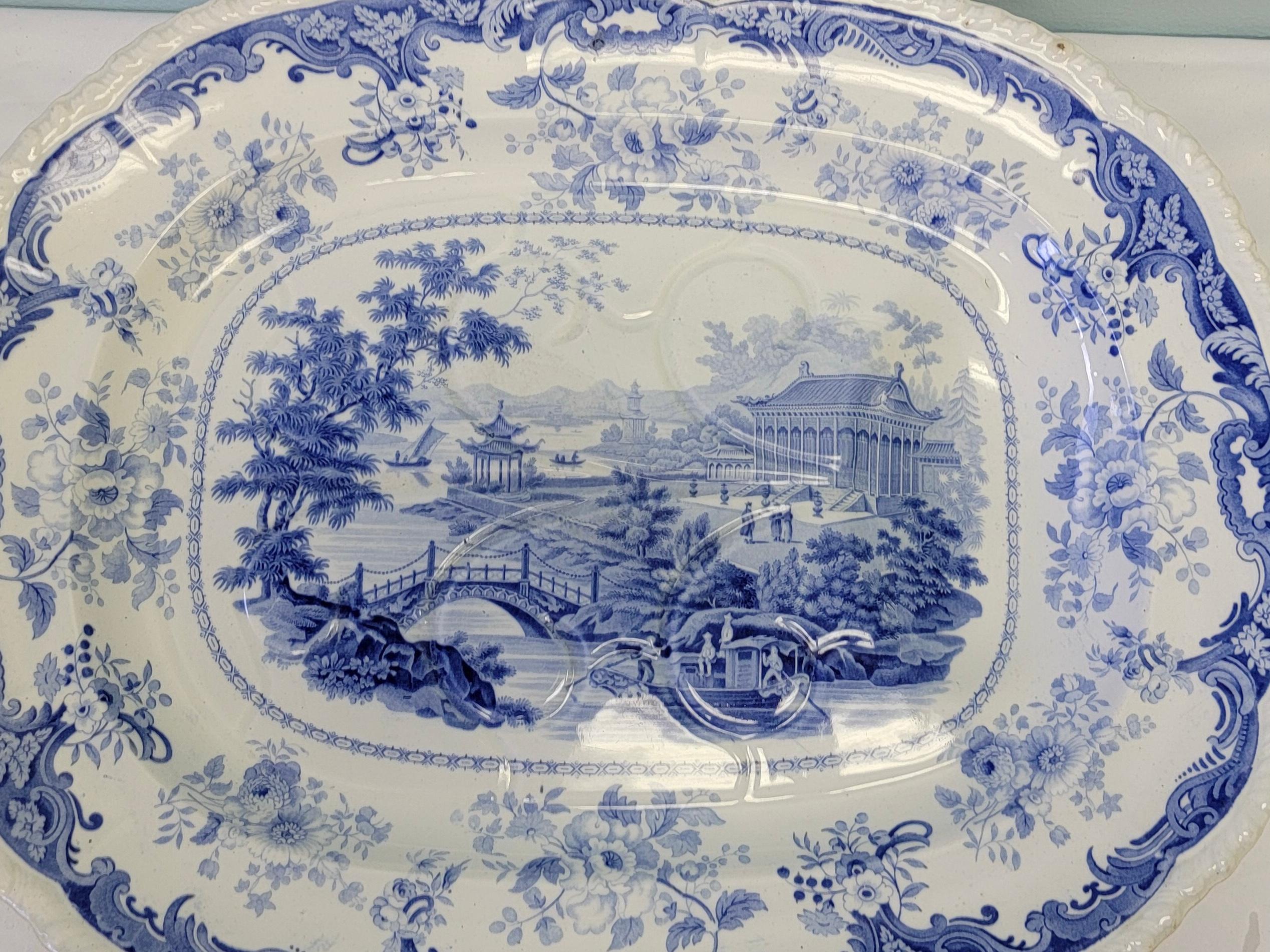 English 19th-C. Minton Chinese Marine Opaque Blue and White Transferware Platter