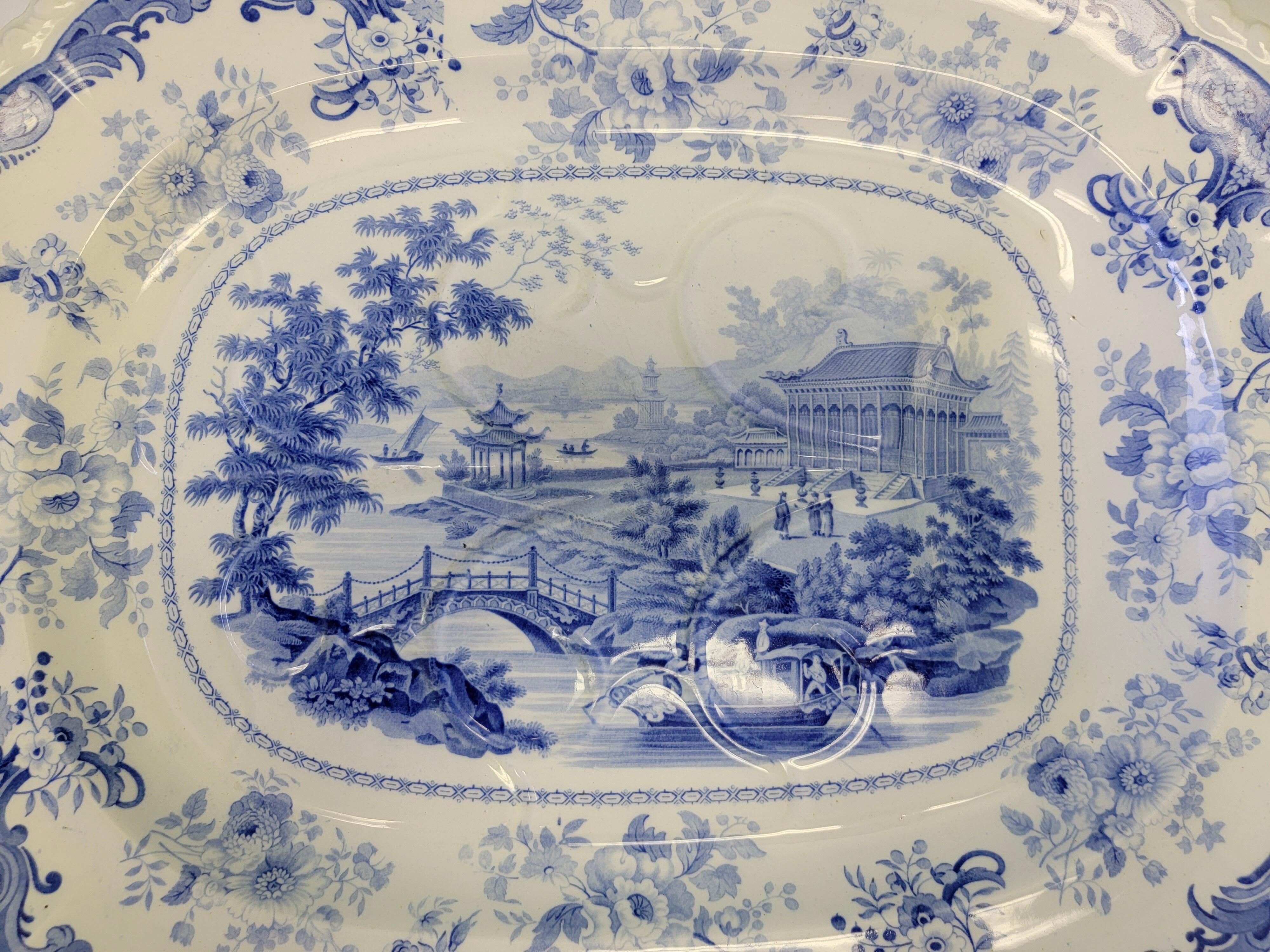 19th-C. Minton Chinese Marine Opaque Blue and White Transferware Platter In Good Condition In Kennesaw, GA