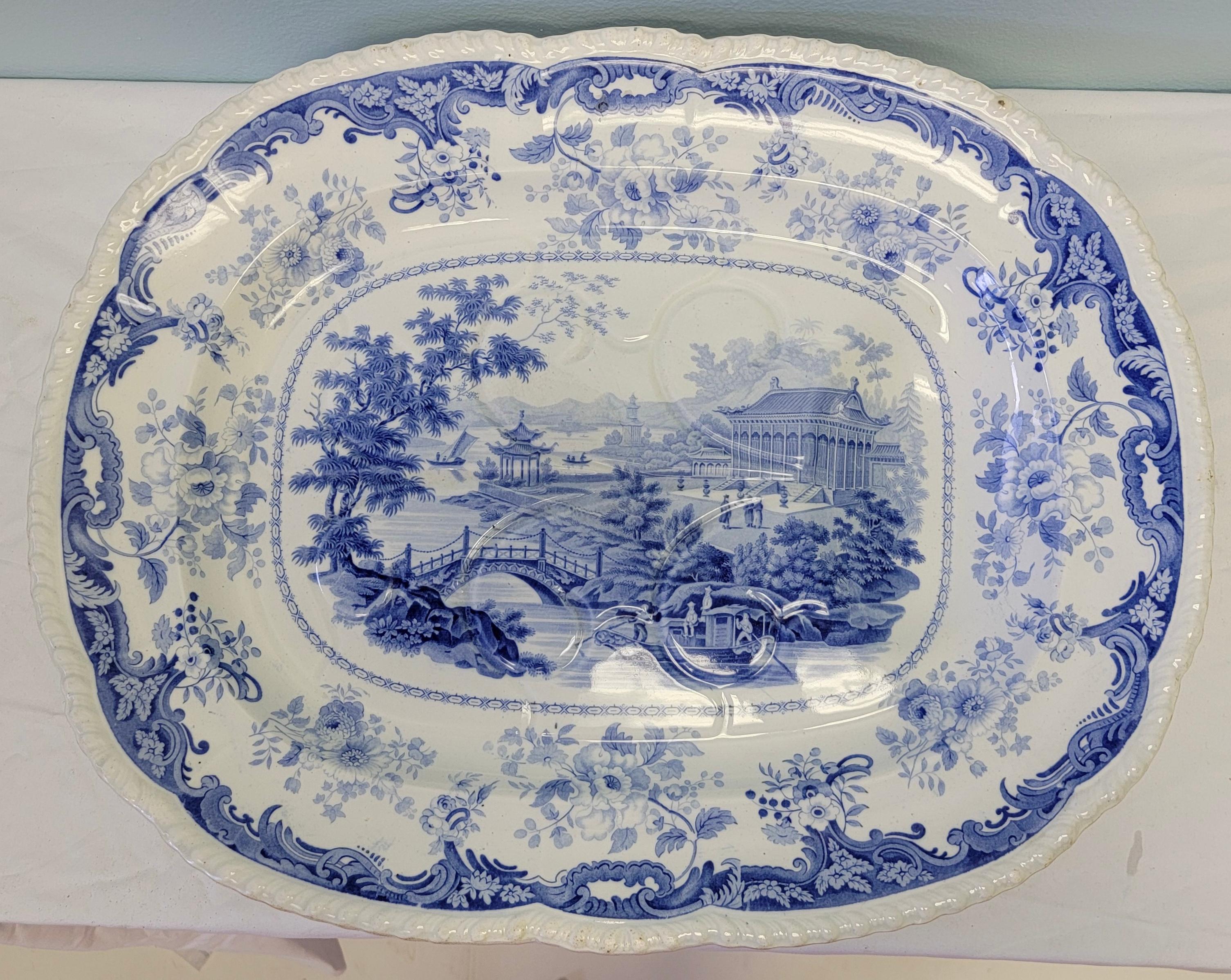 19th Century 19th-C. Minton Chinese Marine Opaque Blue and White Transferware Platter