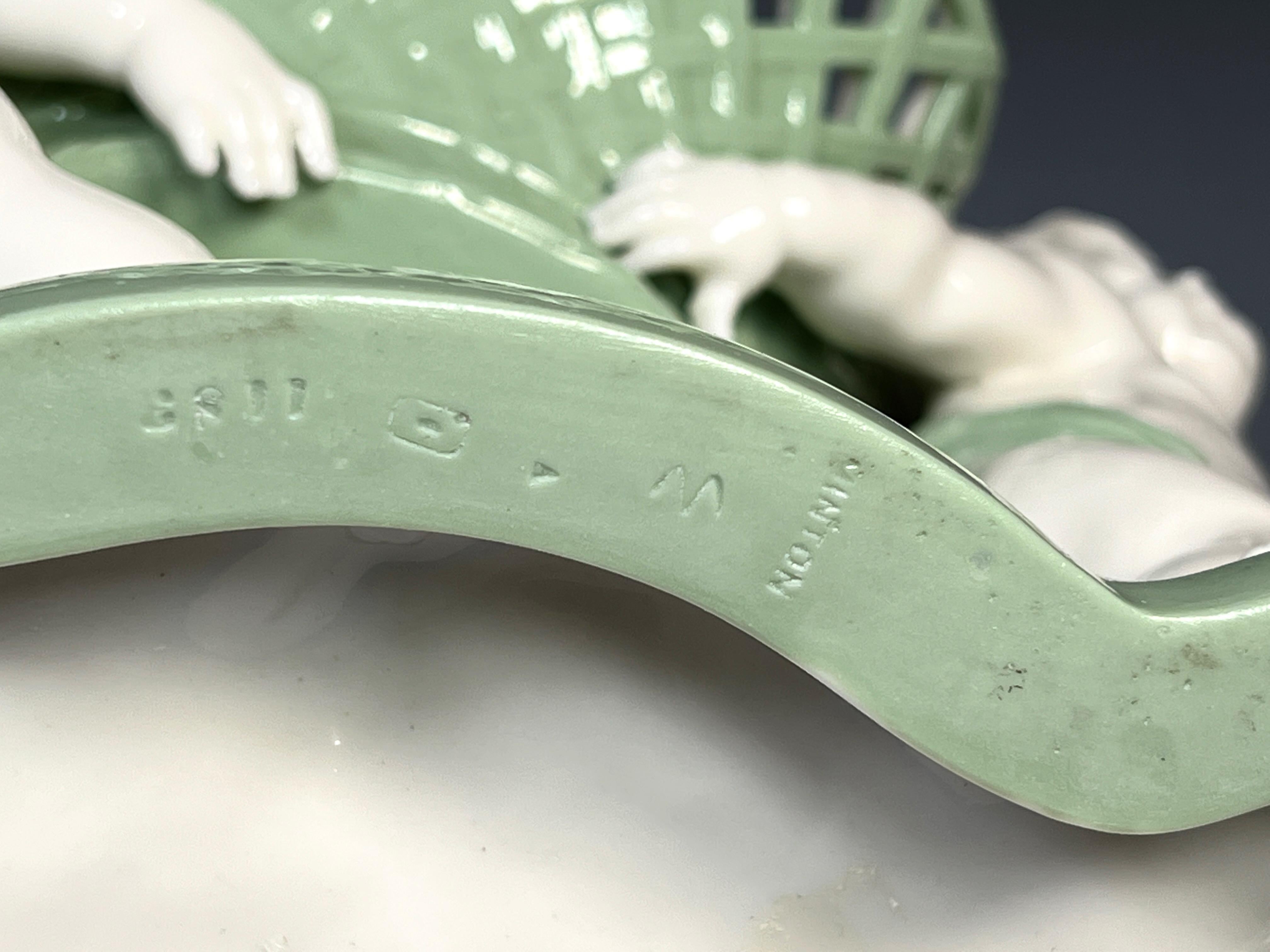 19th C. Minton Figural Putti Porcelain Basket Centerpiece Celedon & White  In Excellent Condition In Great Barrington, MA