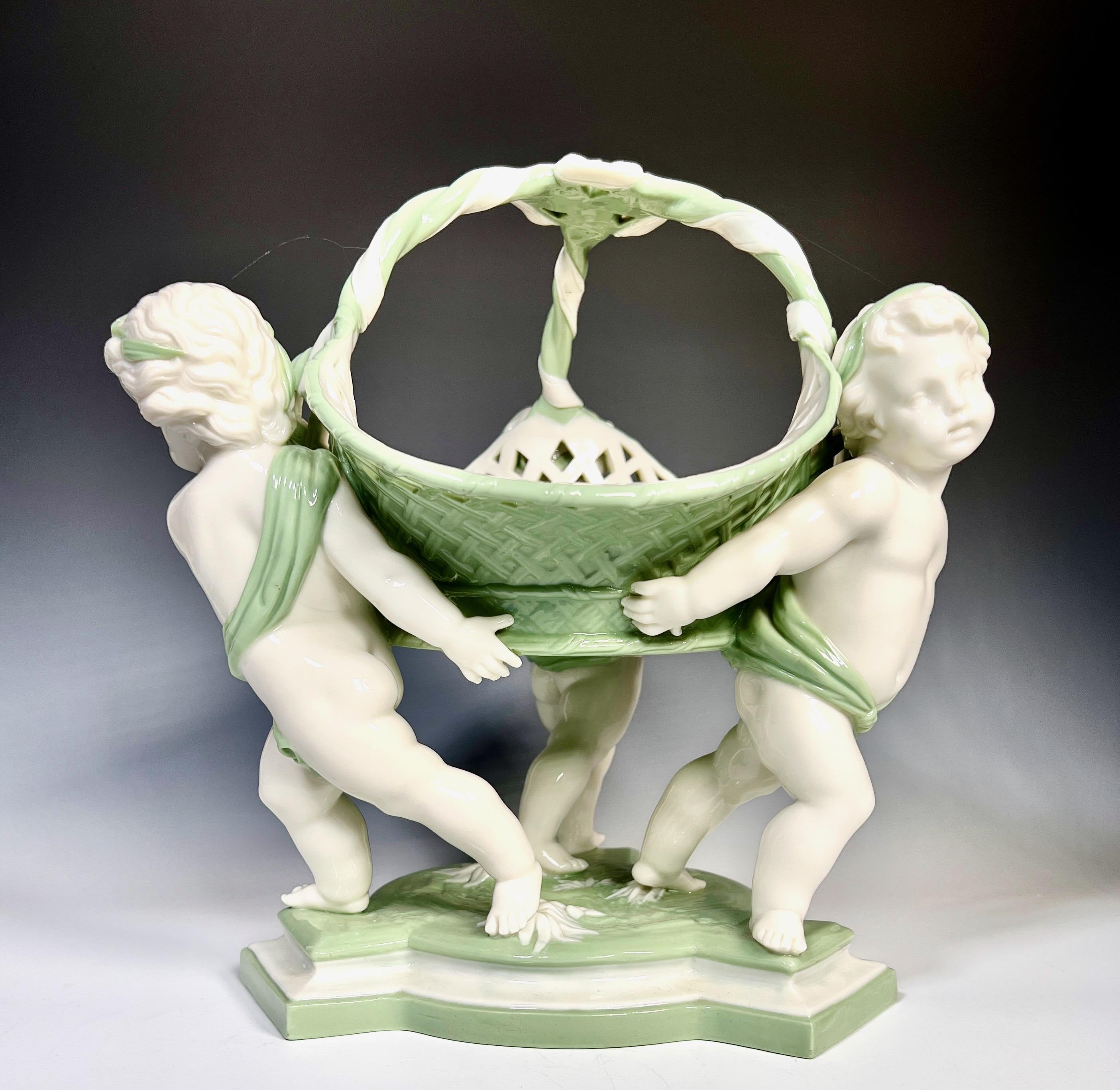 19th Century 19th C. Minton Figural Putti Porcelain Basket Centerpiece Celedon & White 