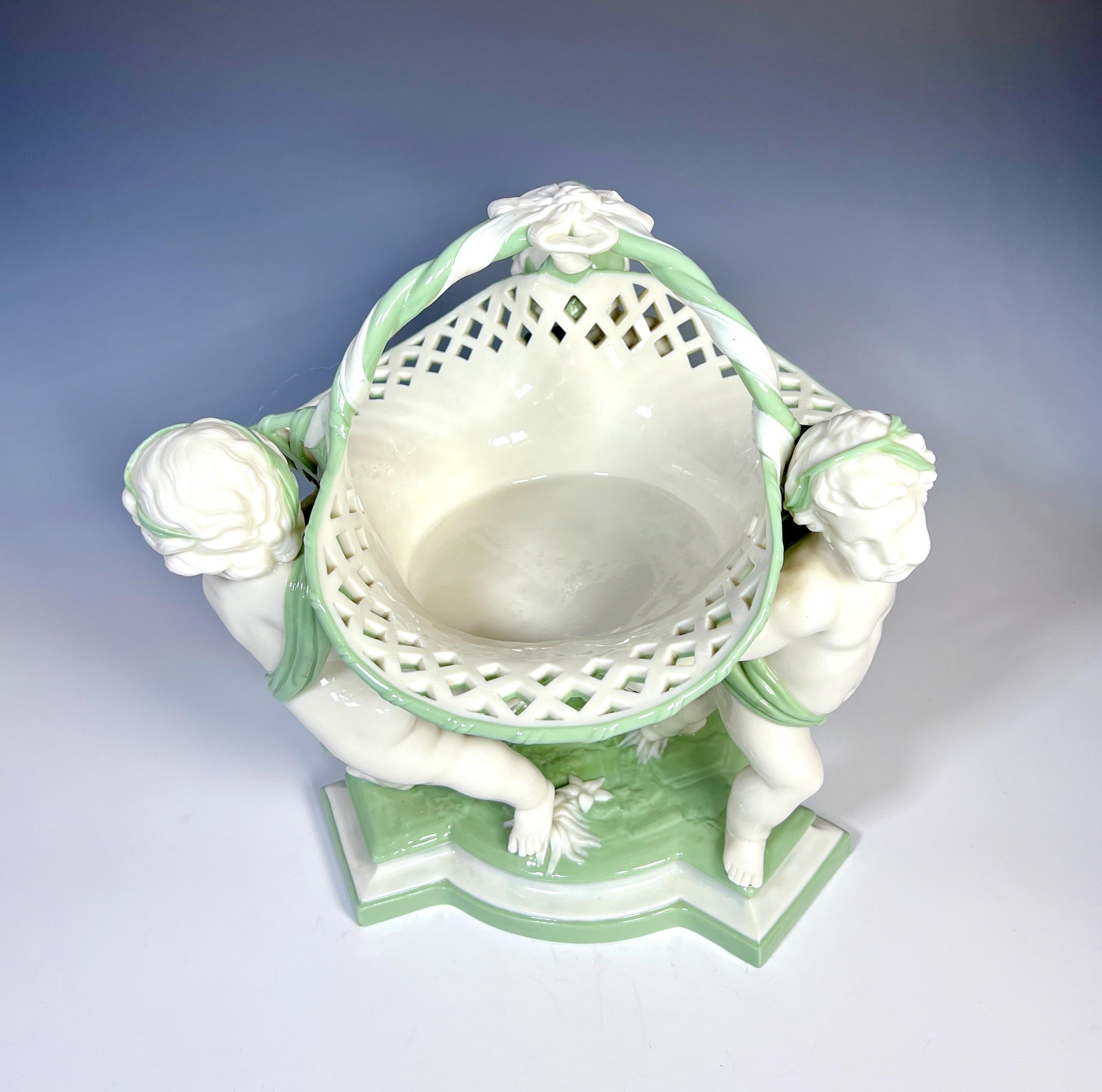 Paste 19th C. Minton Figural Putti Porcelain Basket Centerpiece Celedon & White 