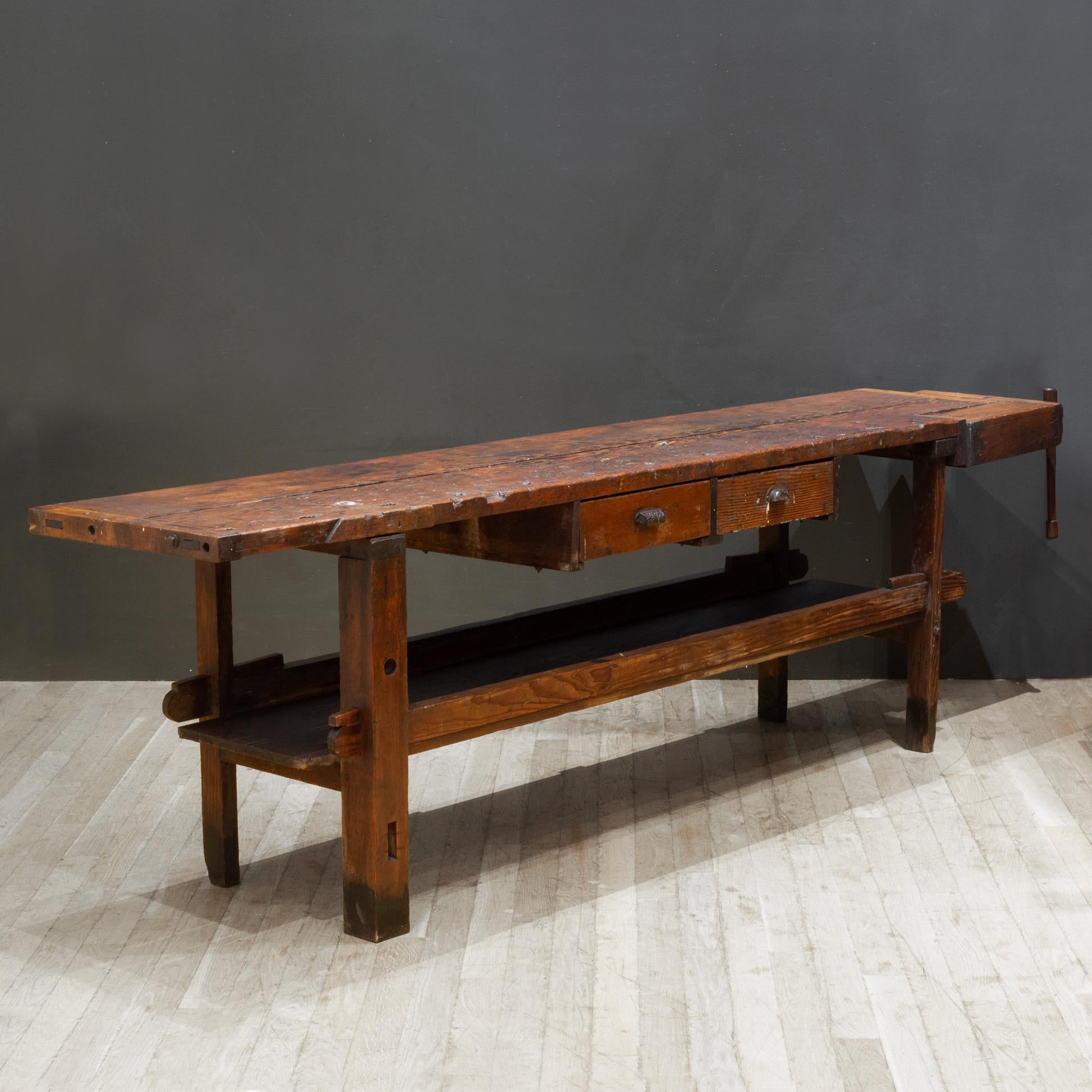 Industrial 19th c. Monumental American Carpenter's Workbench with Two Drawers c.1850-1890