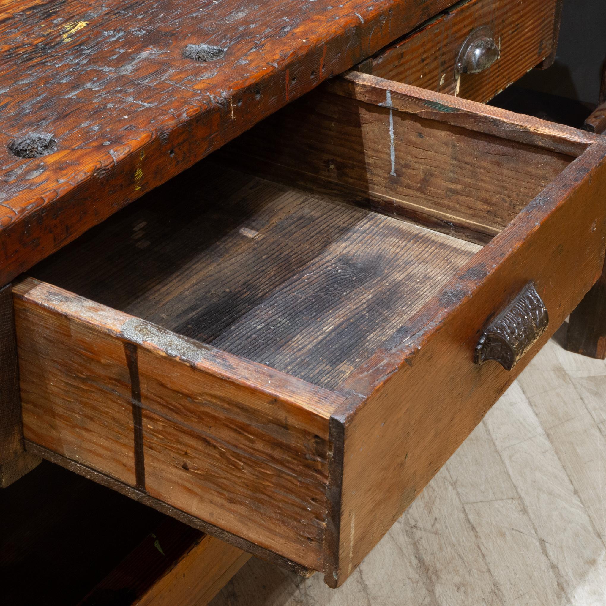 19th c. Monumental American Carpenter's Workbench with Two Drawers c.1850-1890 9