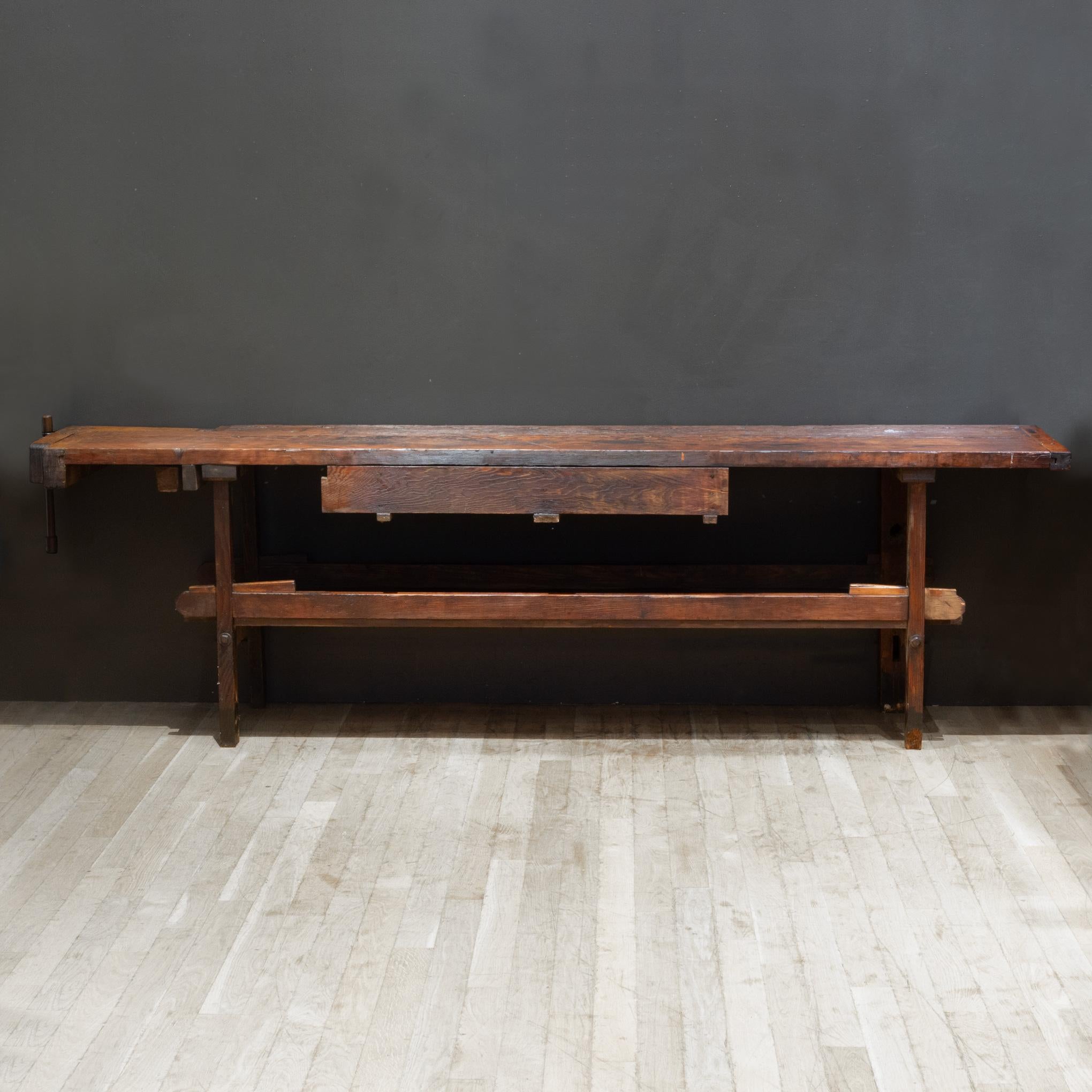 19th c. Monumental American Carpenter's Workbench with Two Drawers c.1850-1890 11