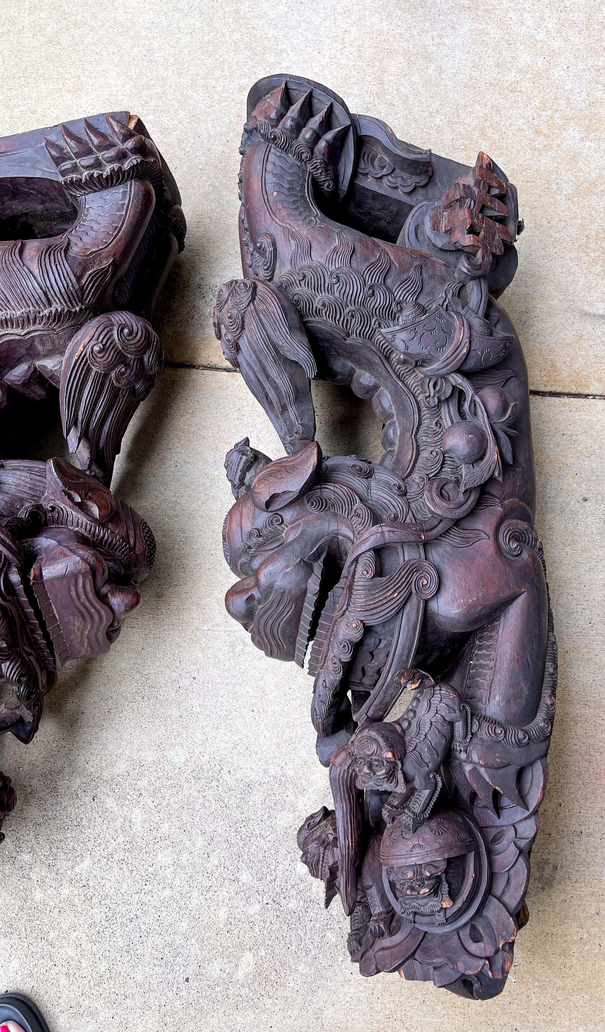 19th Century 19th-C. Monumental Chinese Carved Food Dog Corbels / Architectural Fragments, 2 For Sale