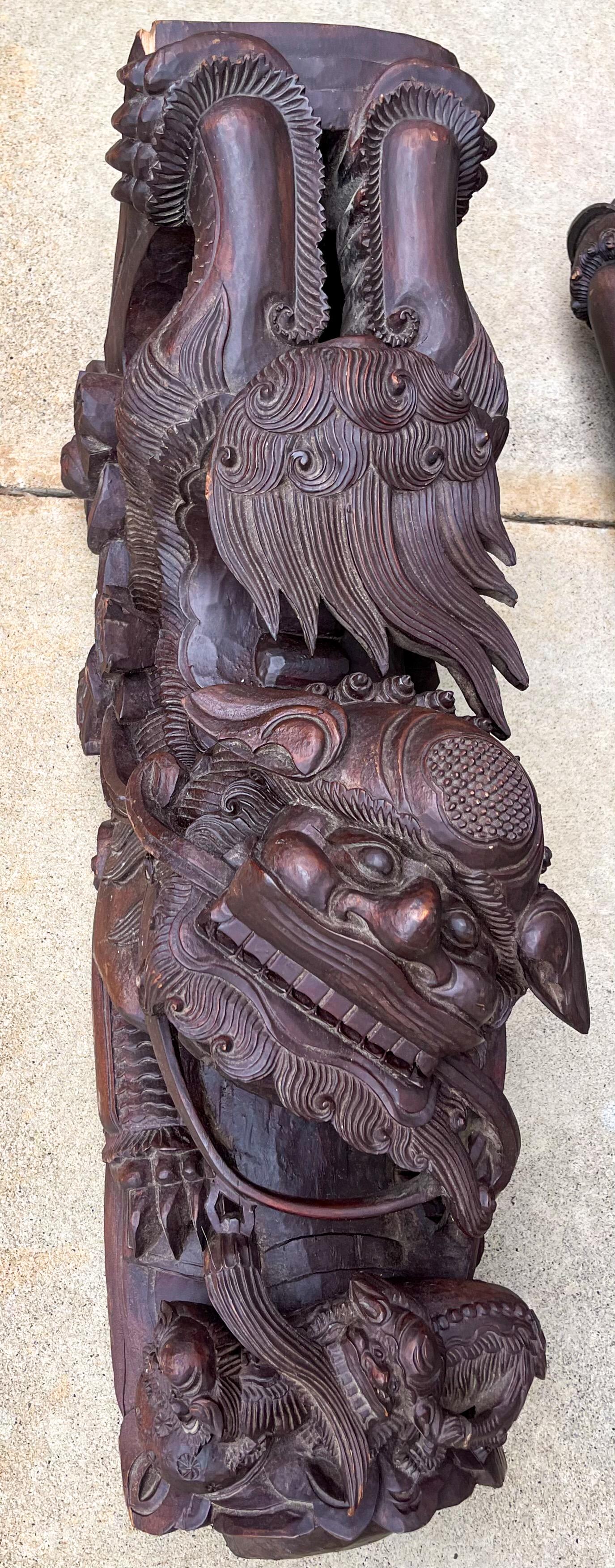 Rosewood 19th-C. Monumental Chinese Carved Food Dog Corbels / Architectural Fragments, 2 For Sale