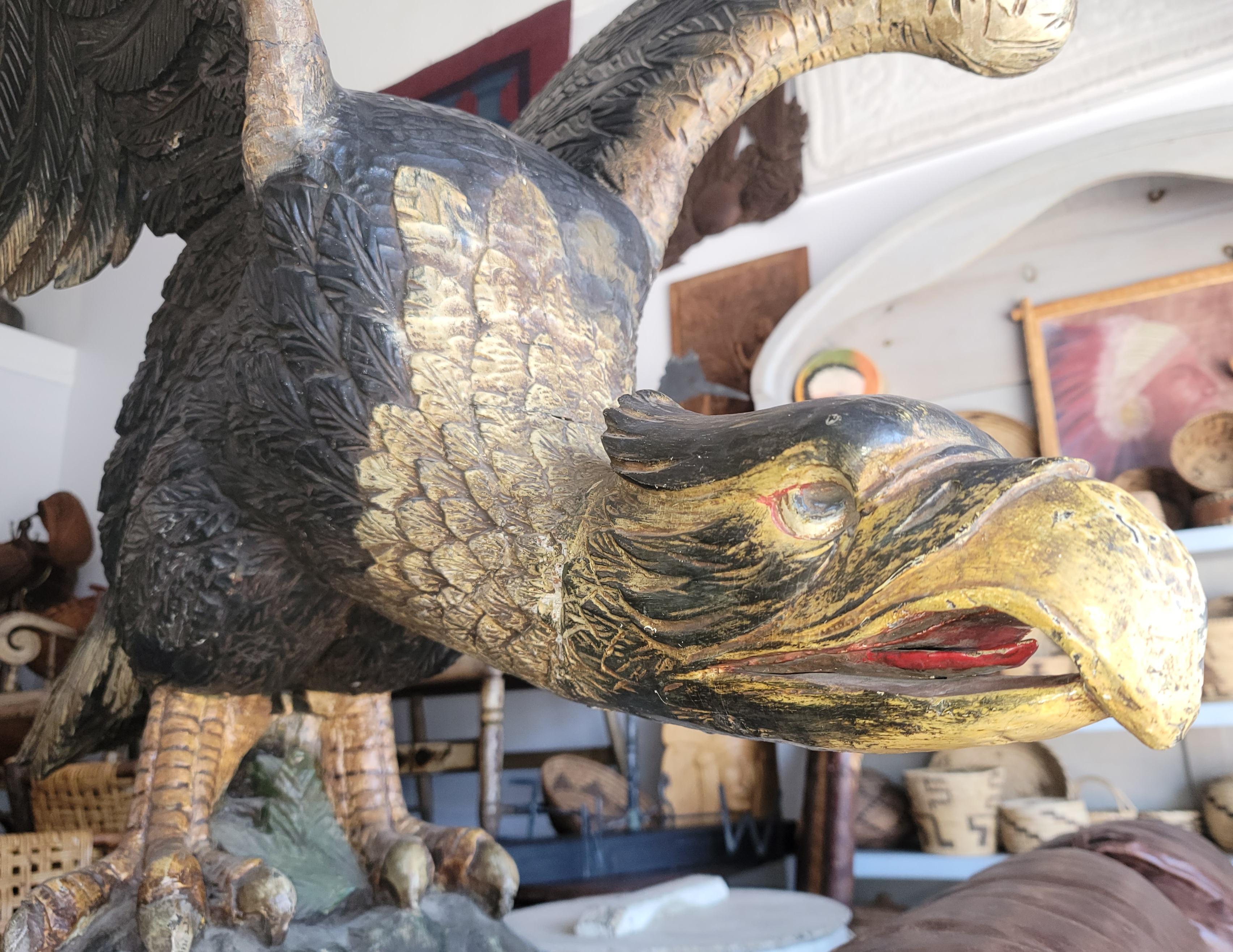 19th C Monumental Hand Carved & Painted Eagle Sculpture For Sale 1