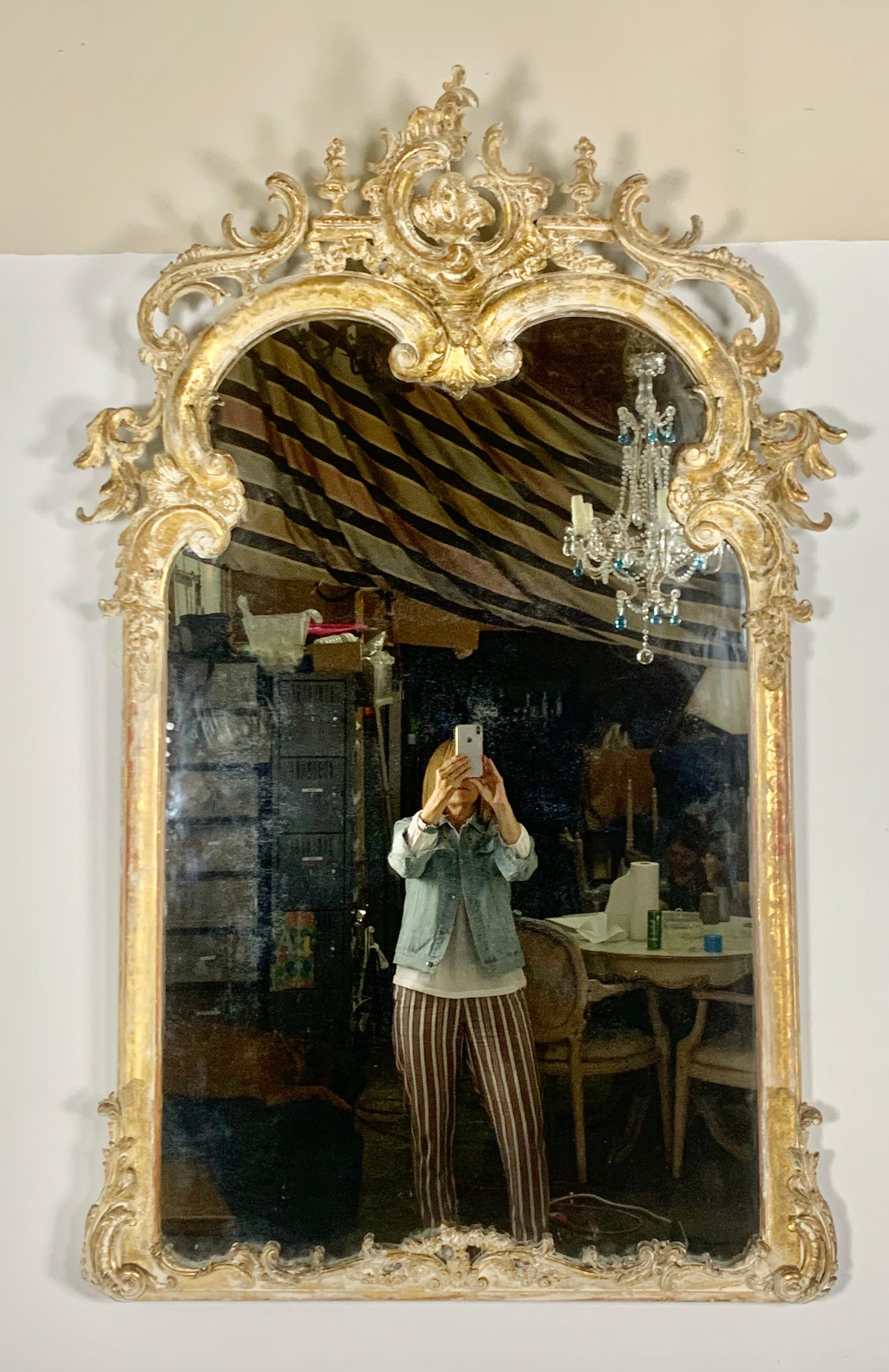 19th C. monumental sized French gilt wood Rococo style mirror. The frame is decorated with scrolled acanthus leaves throughout. The finish is beautifully worn & distressed with missing gold leaf throughout. The mirror still has remnants of beautiful