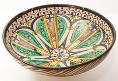 19th C. Moroccan Ceramic Bowl Polychrome Footed Dish Fez