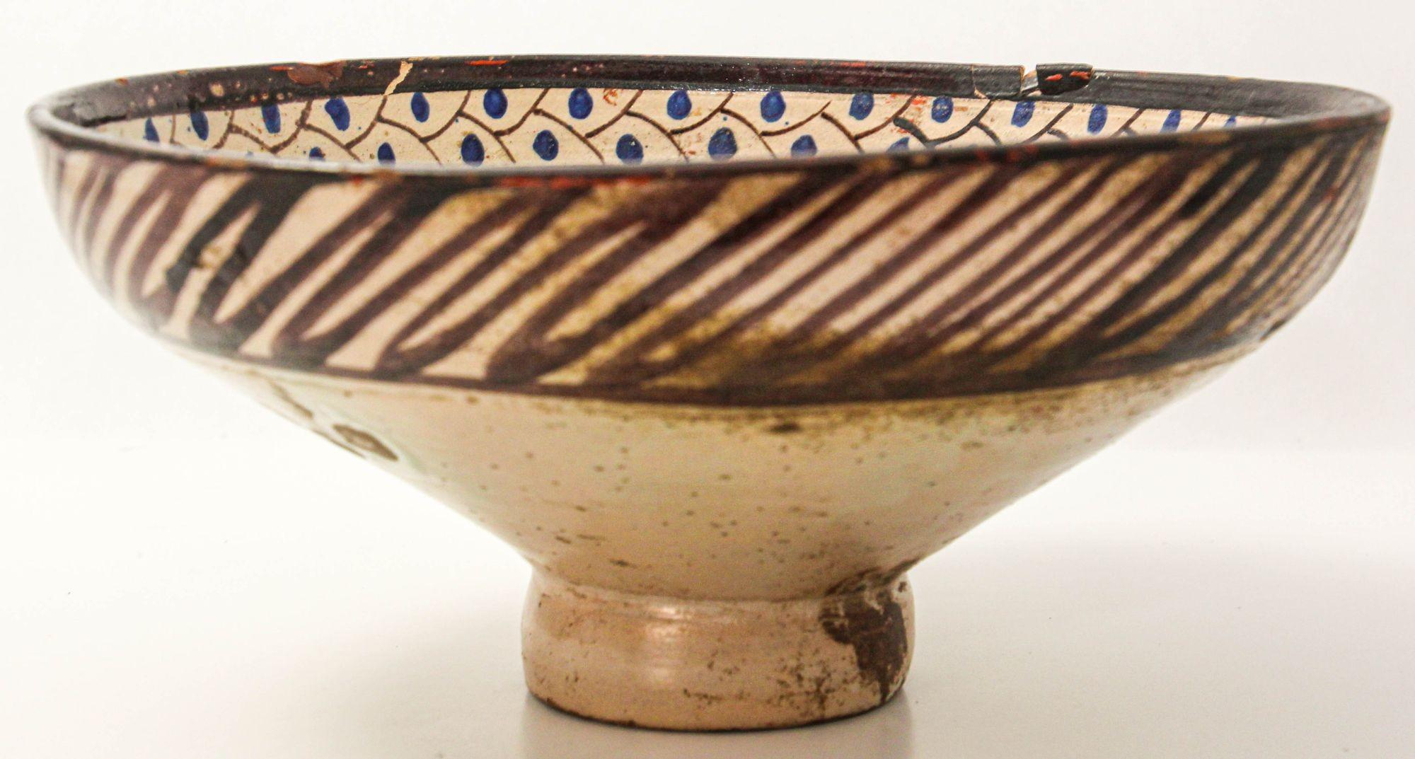 Moorish 19th C. Moroccan Ceramic Bowl Polychrome Footed Dish Fez For Sale