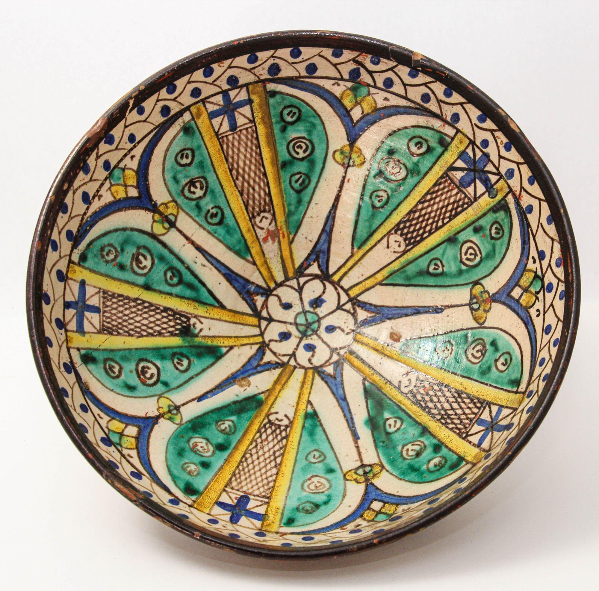 20th Century 19th C. Moroccan Ceramic Bowl Polychrome Footed Dish Fez For Sale