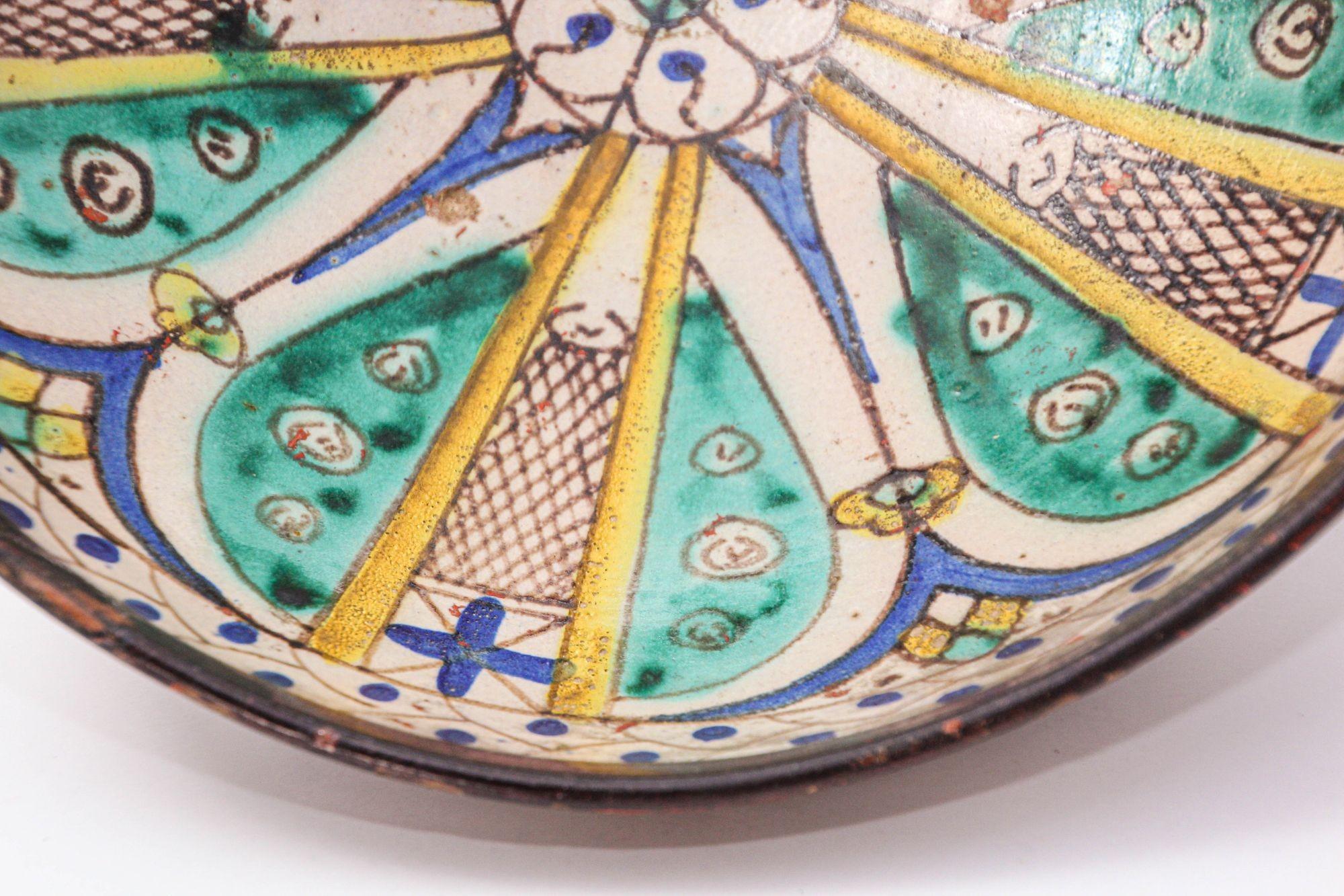 19th C. Moroccan Ceramic Bowl Polychrome Footed Dish Fez For Sale 2