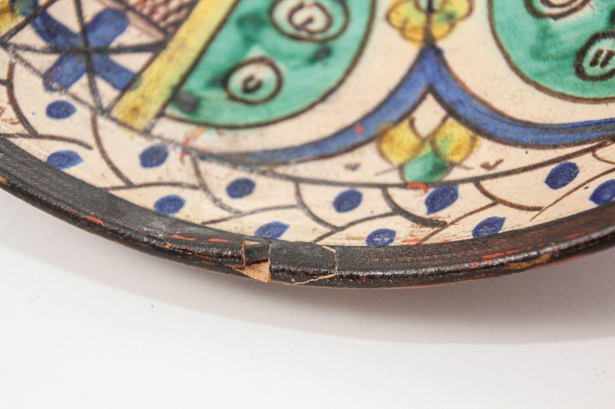 19th C. Moroccan Ceramic Bowl Polychrome Footed Dish Fez For Sale 4