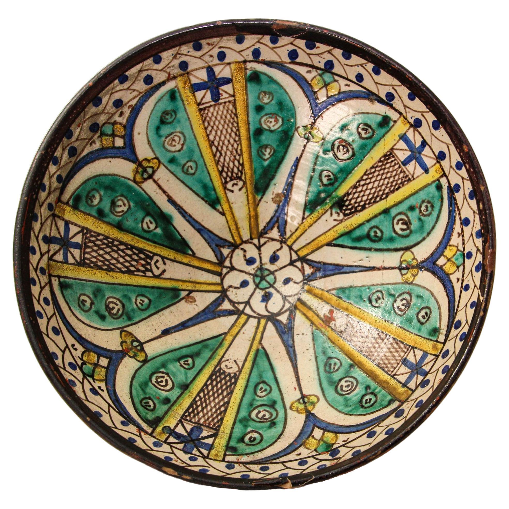 19th C. Moroccan Ceramic Bowl Polychrome Footed Dish Fez For Sale
