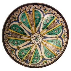 Vintage 19th C. Moroccan Ceramic Bowl Polychrome Footed Dish Fez