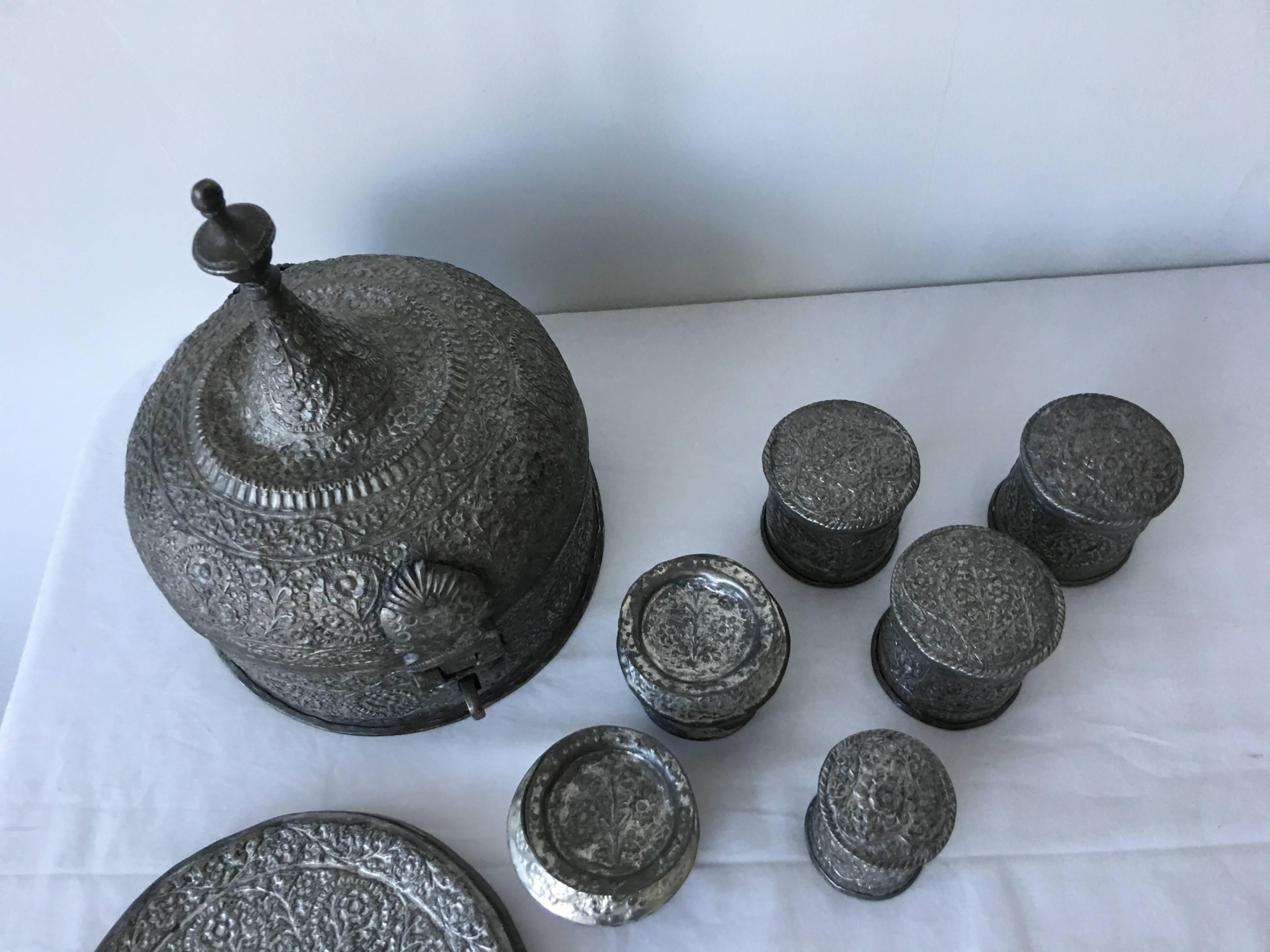 19th Century Moroccan Pewter Tea Set and Caddy For Sale 5