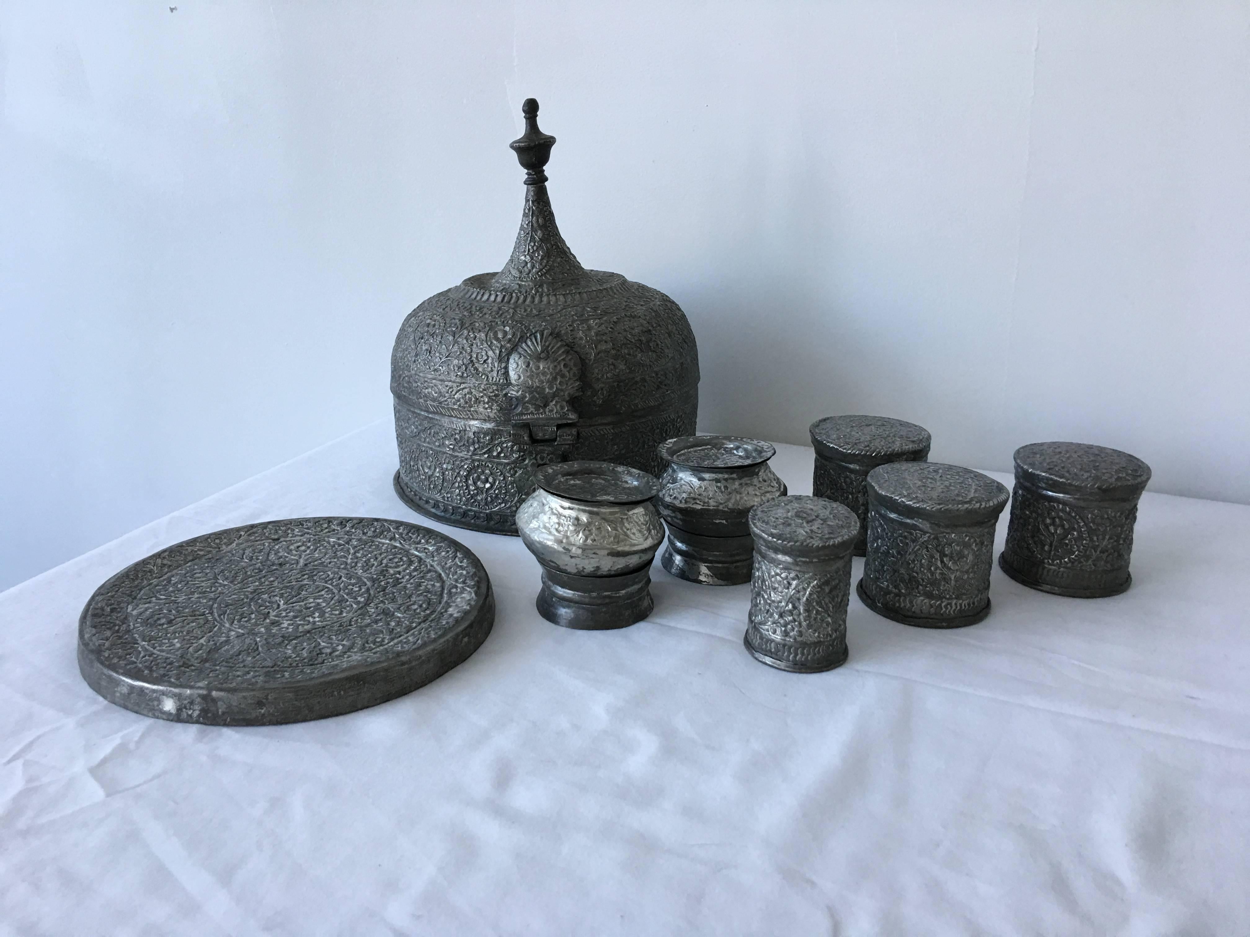 19th Century Moroccan Pewter Tea Set and Caddy For Sale 3