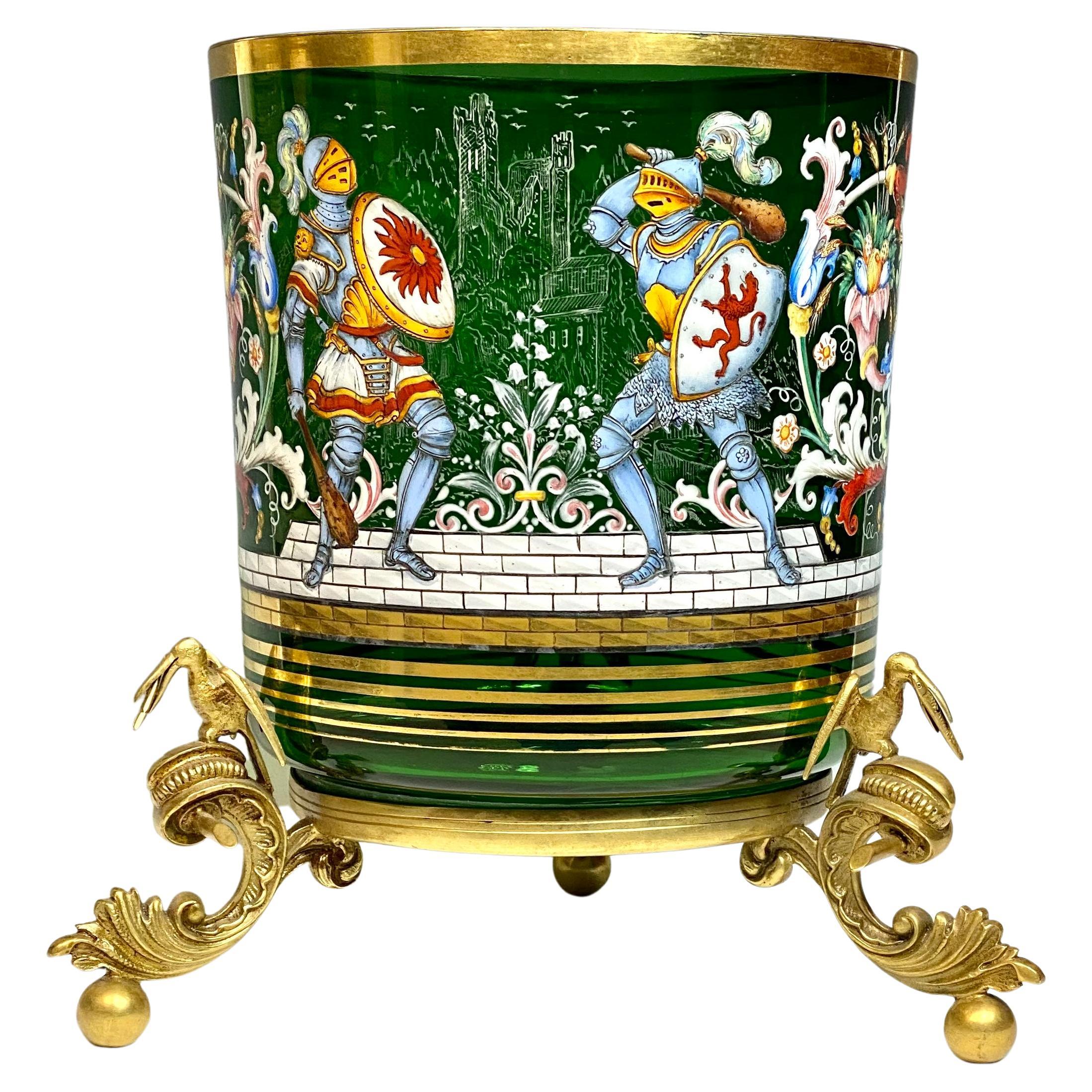 19e s. Vase Moser soufflé à la main, vert pomme, peint à la main avec montures en bronze en vente