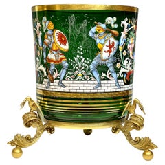 19th Century Moser Hand Blown Apple Green Hand Painted Vase W/ Bronze Mounts