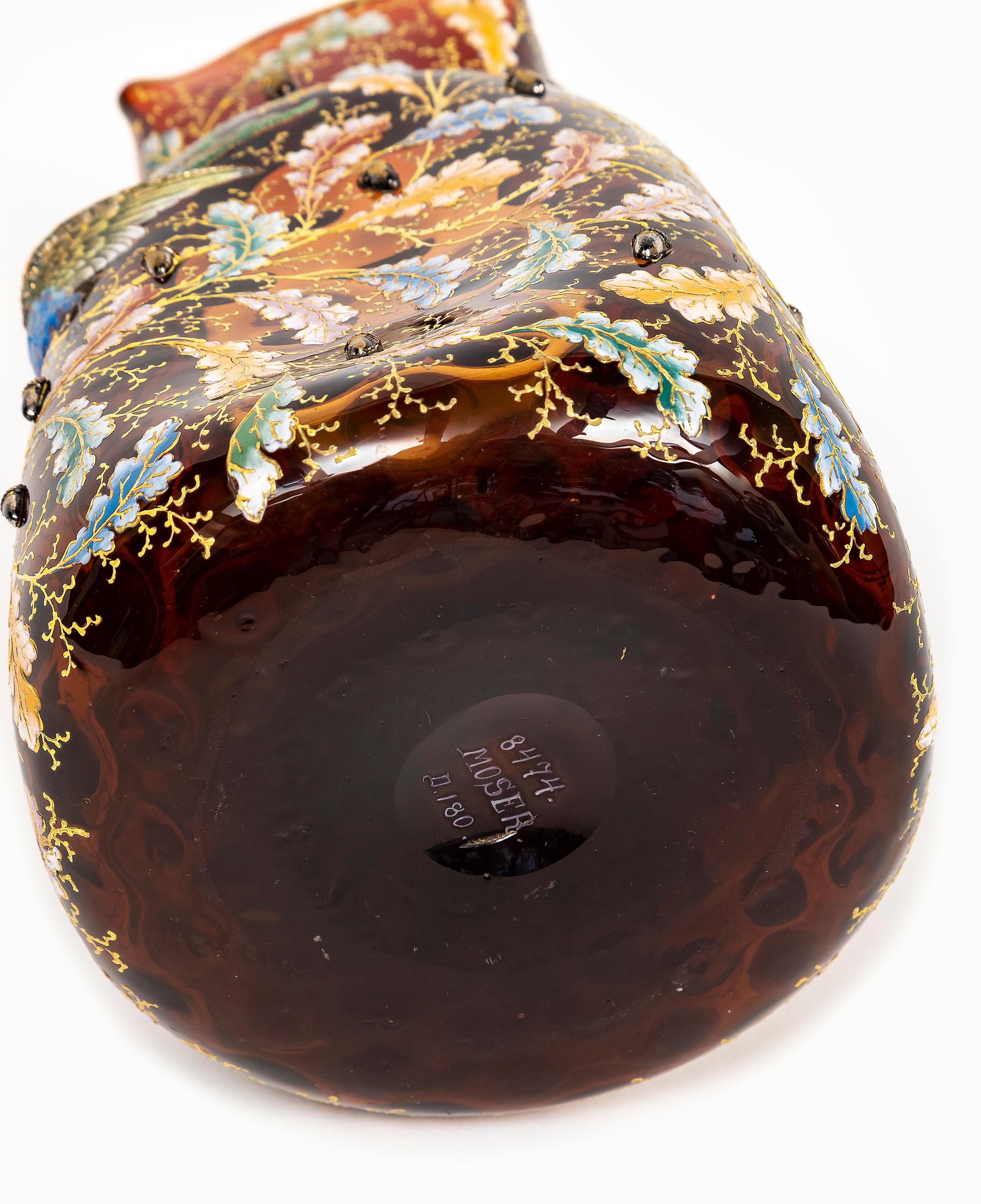 Other 19th C. Moser Ruby Red Crystal Enameled Gilt Pitcher with Applied Enamel Parrot For Sale