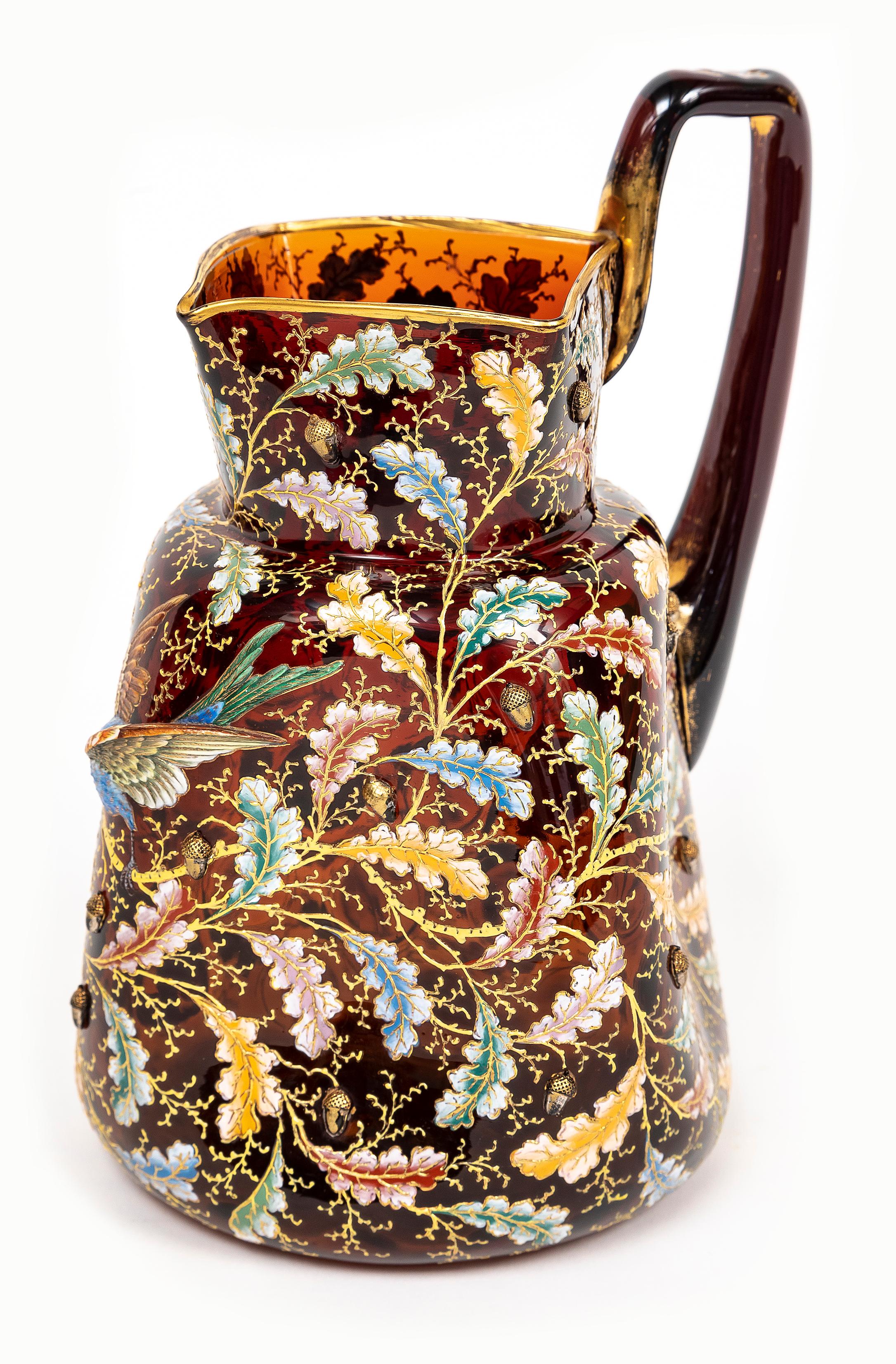 Hand-Carved 19th C. Moser Ruby Red Crystal Enameled Gilt Pitcher with Applied Enamel Parrot For Sale
