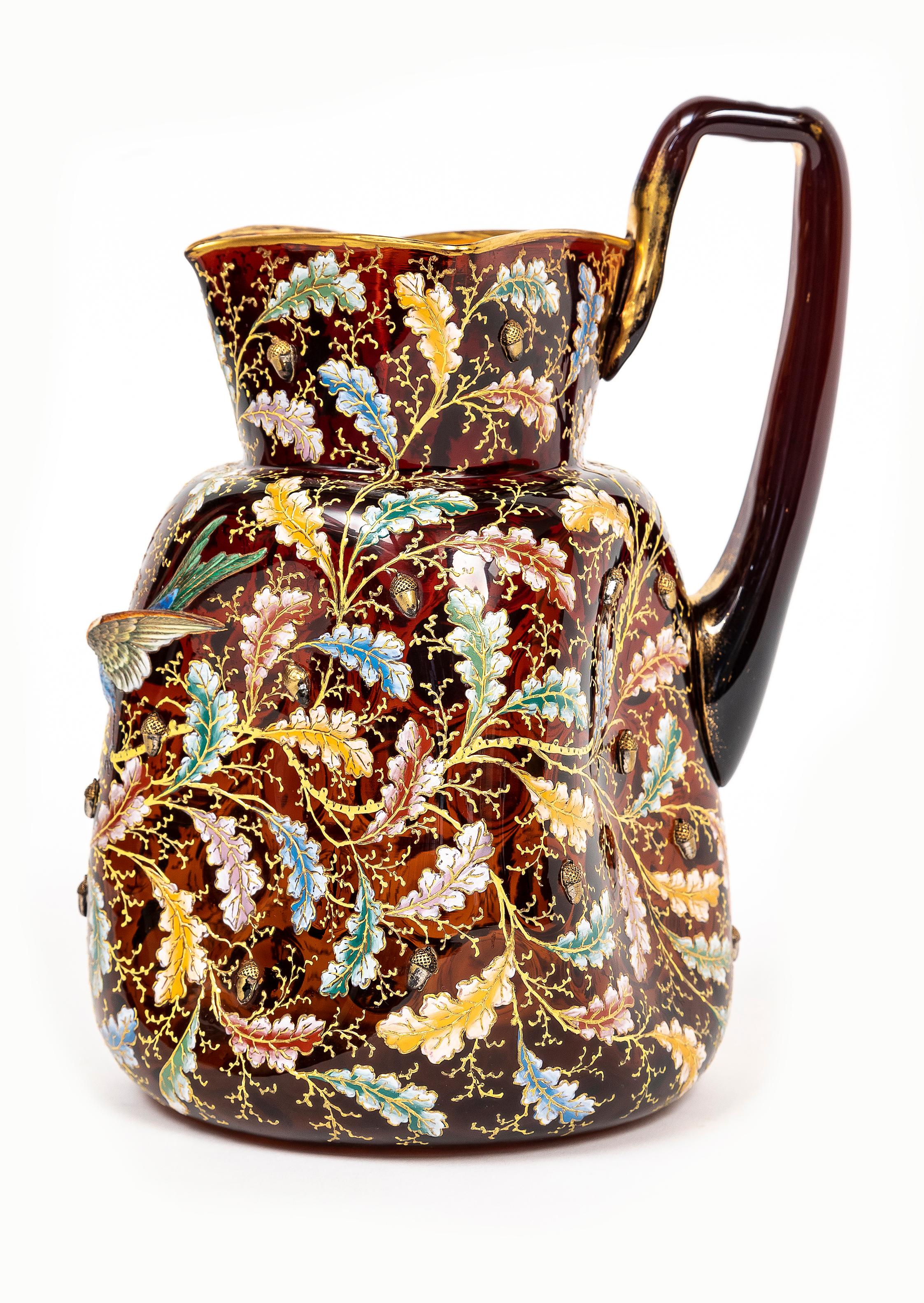 19th C. Moser Ruby Red Crystal Enameled Gilt Pitcher with Applied Enamel Parrot In Good Condition For Sale In New York, NY
