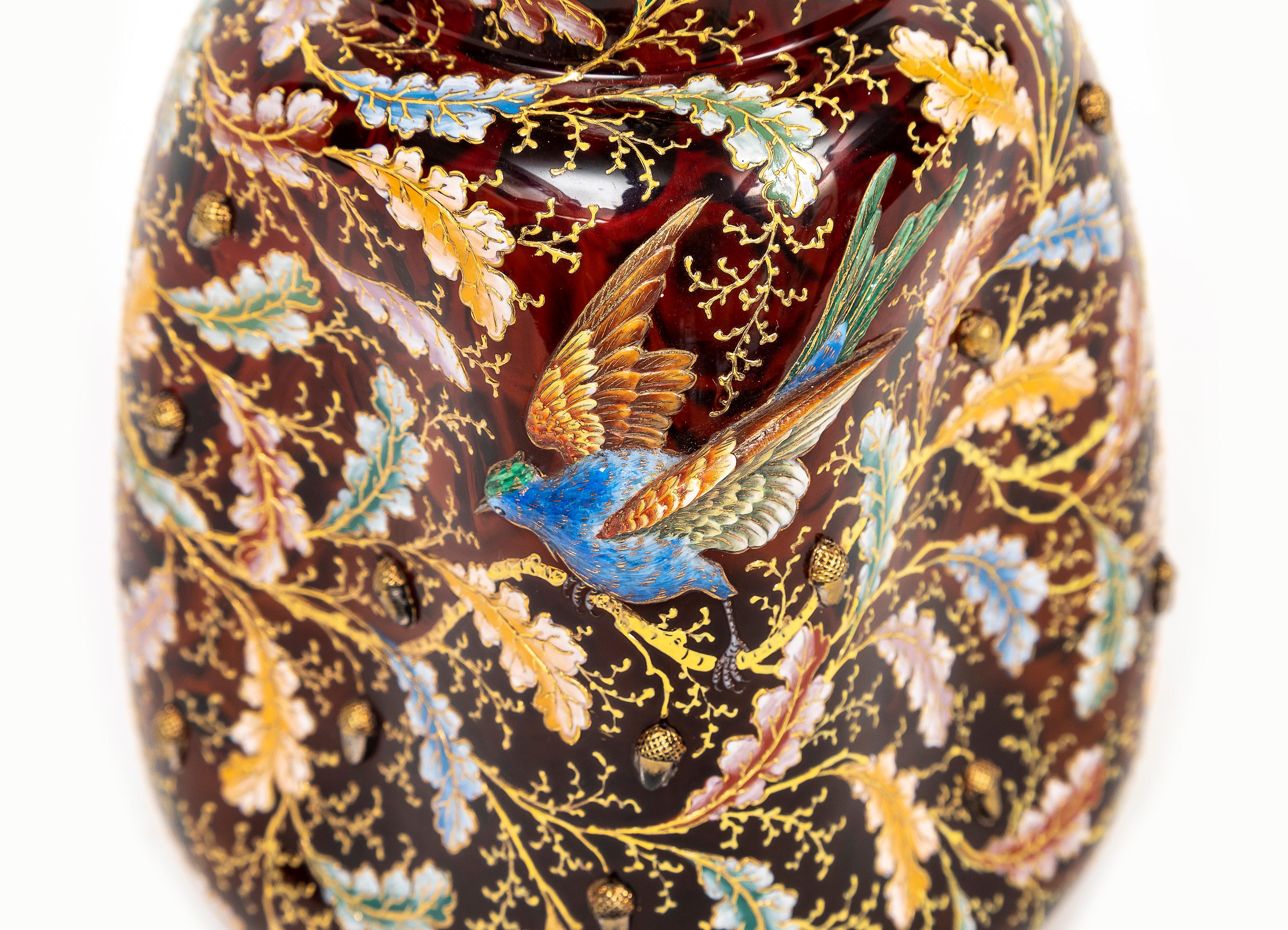 Late 19th Century 19th C. Moser Ruby Red Crystal Enameled Gilt Pitcher with Applied Enamel Parrot For Sale