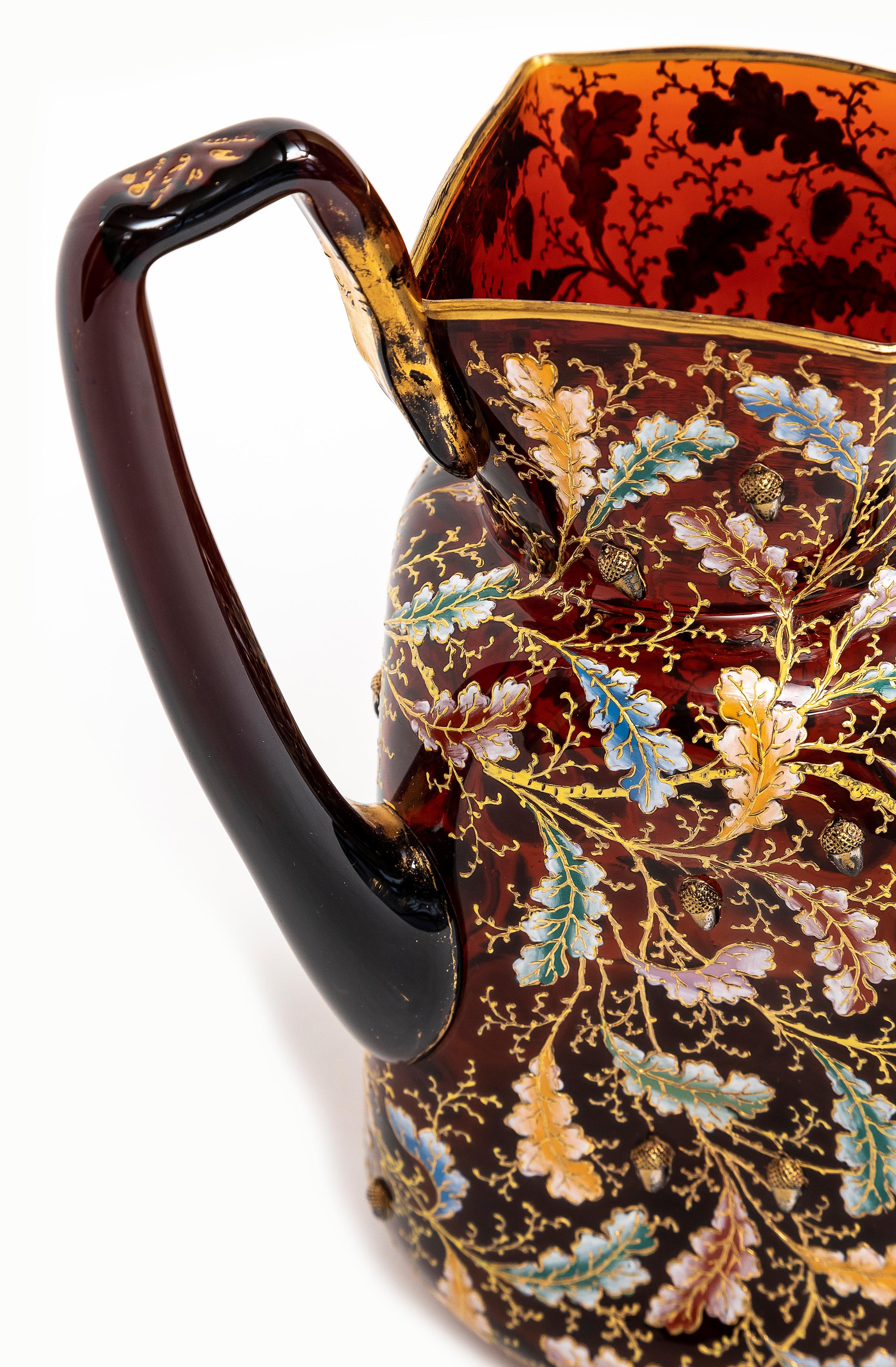 19th C. Moser Ruby Red Crystal Enameled Gilt Pitcher with Applied Enamel Parrot For Sale 1