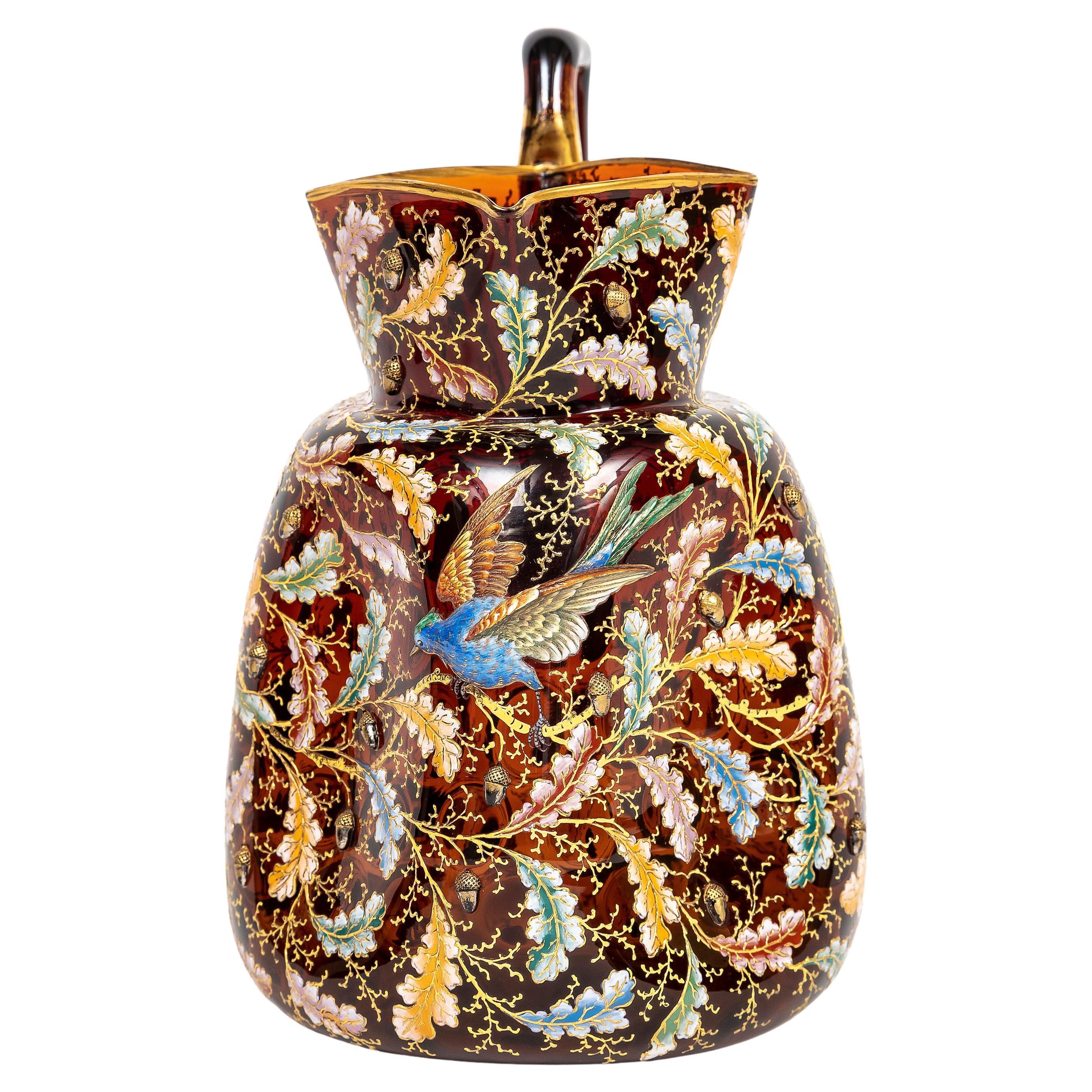 19th C. Moser Ruby Red Crystal Enameled Gilt Pitcher with Applied Enamel Parrot