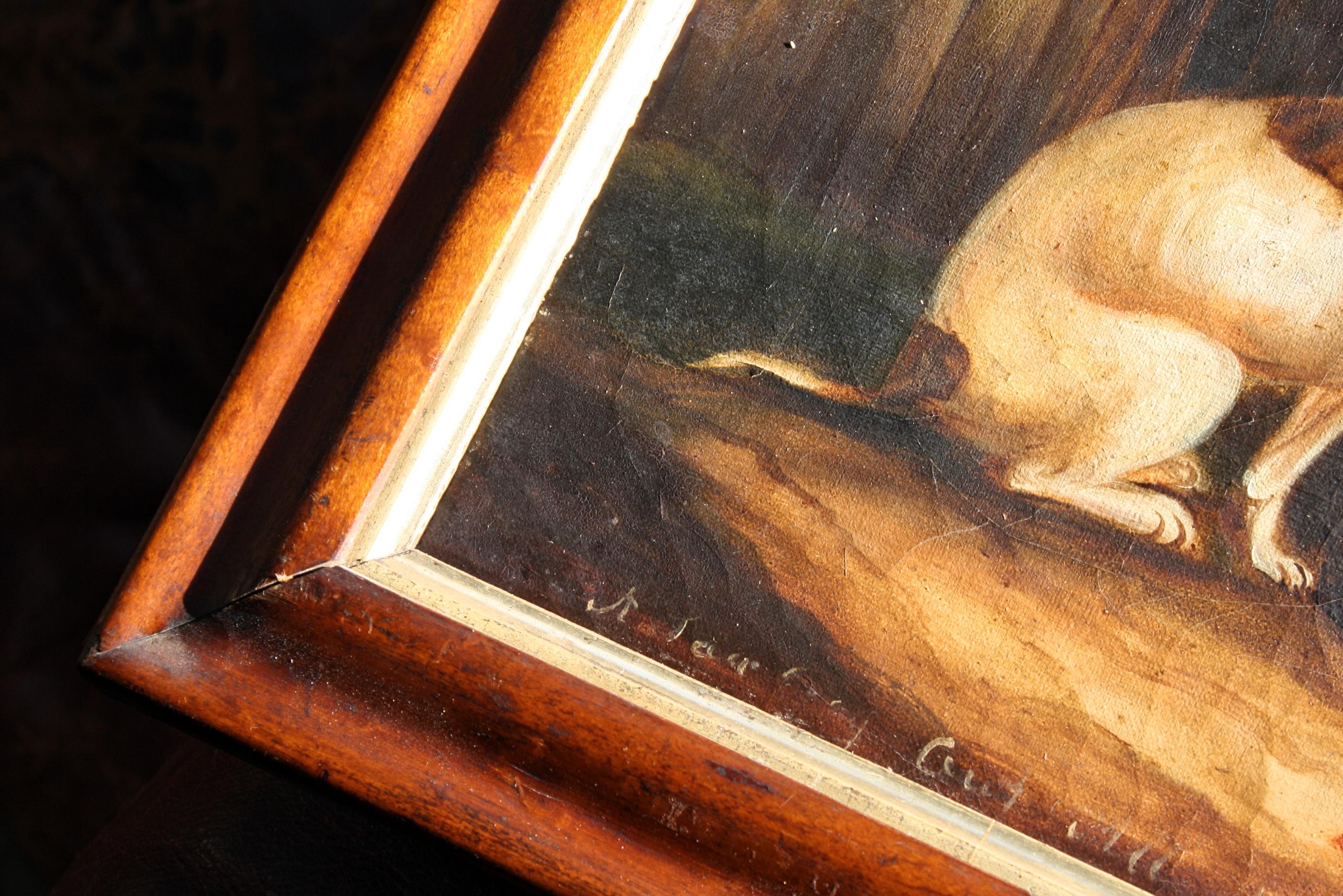 Naive Oil Canvas Bulldog Maple Frame 'A Sad Dog Out All Night & No Key' 5