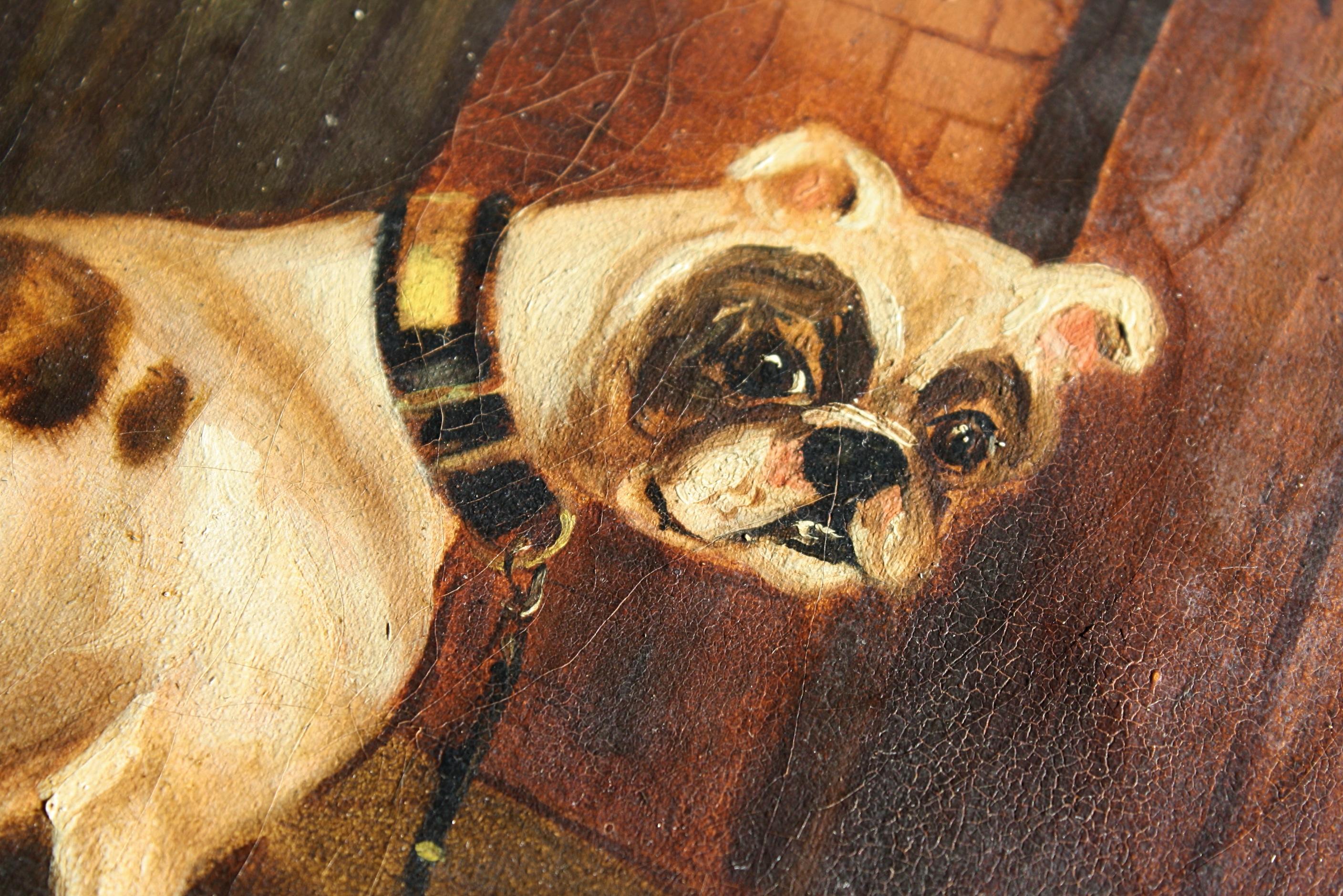 Folk Art Naive Oil Canvas Bulldog Maple Frame 'A Sad Dog Out All Night & No Key'