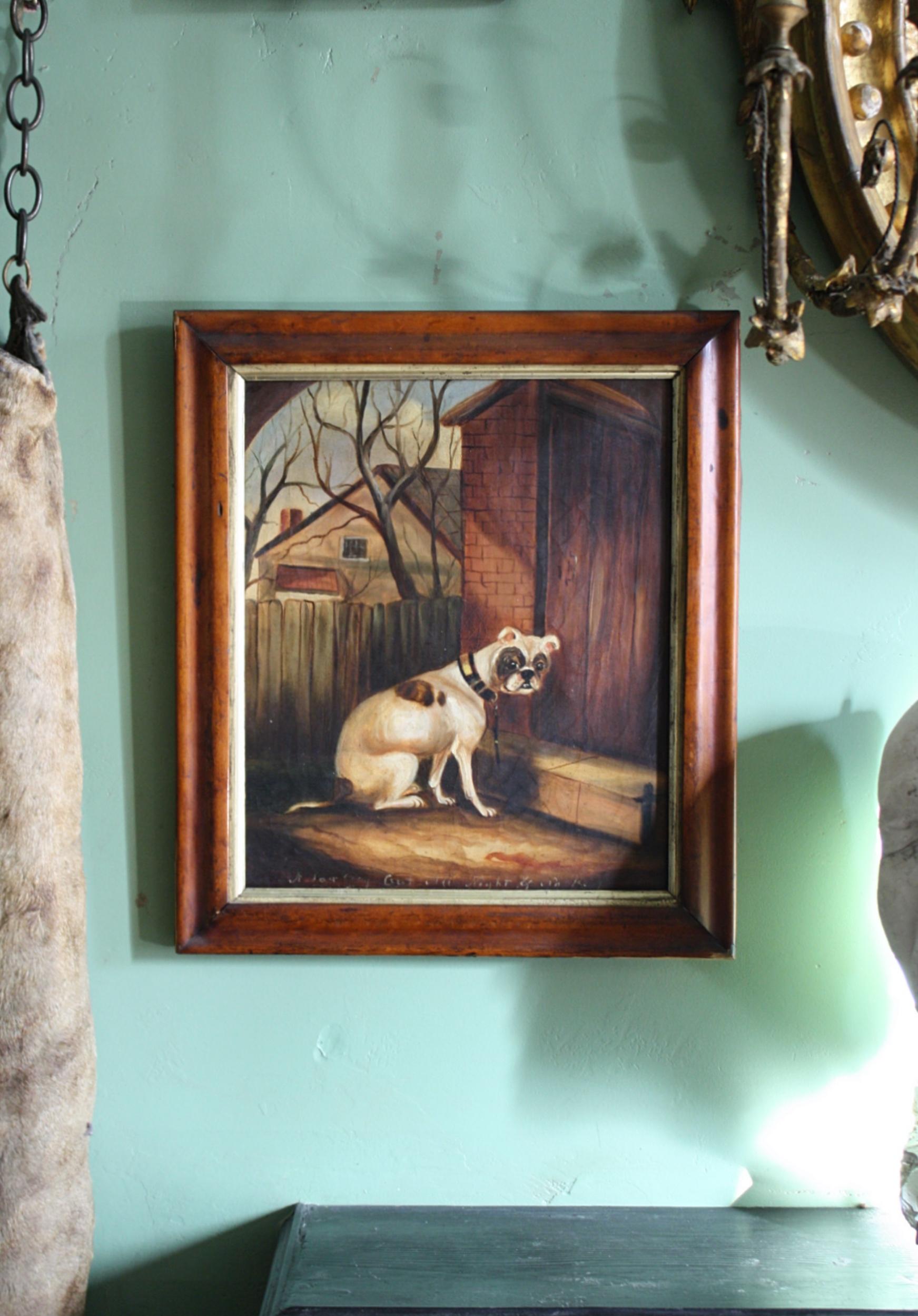 English Naive Oil Canvas Bulldog Maple Frame 'A Sad Dog Out All Night & No Key'